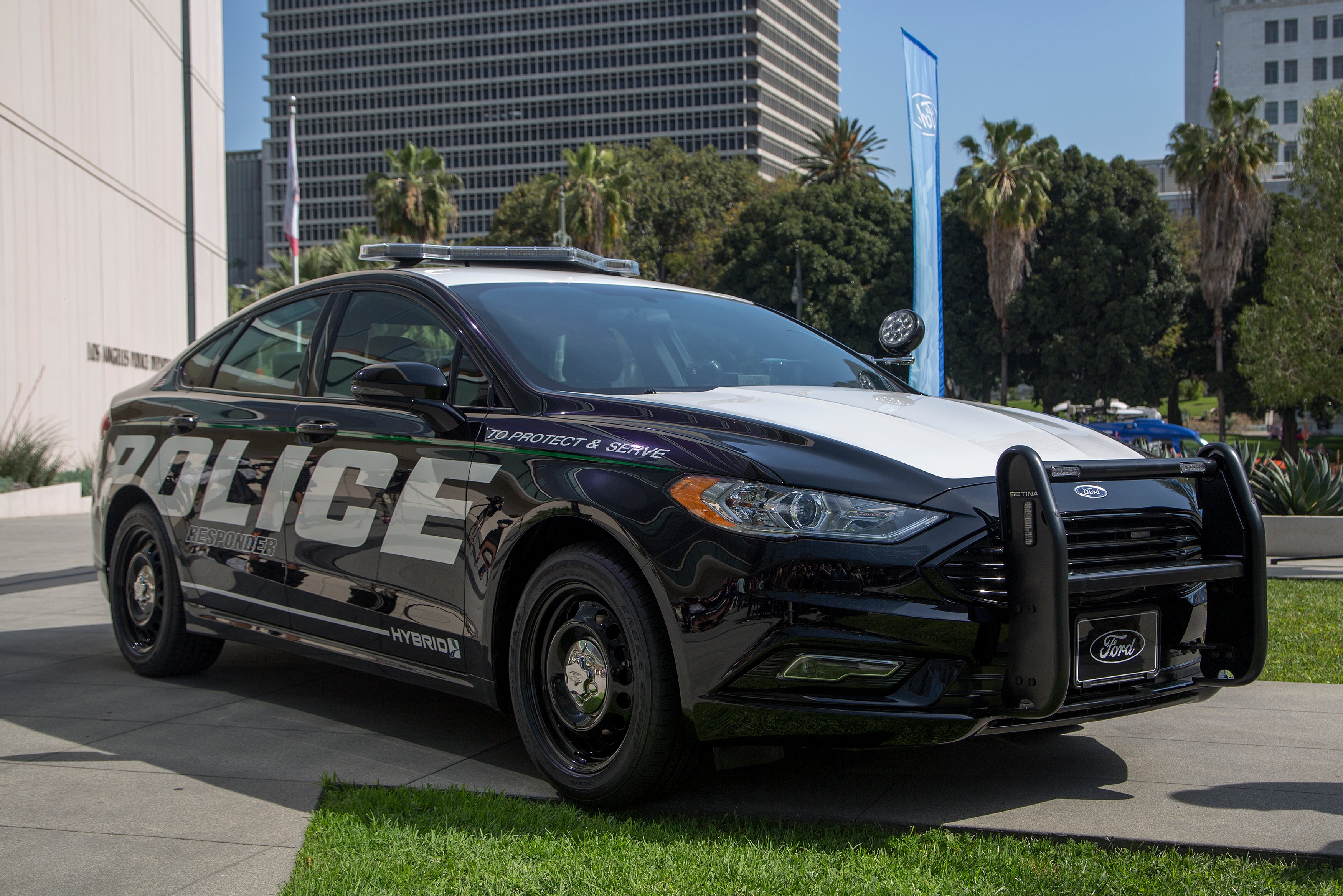 A hybrid police car is seen at the unveiling of two new Ford Fusion hybrid pursuit-rated Police Responder cars at Los Angeles Police Department headquarters on April 10, 2017 in Los Angeles, California. (Photo by David McNew/Getty Images)