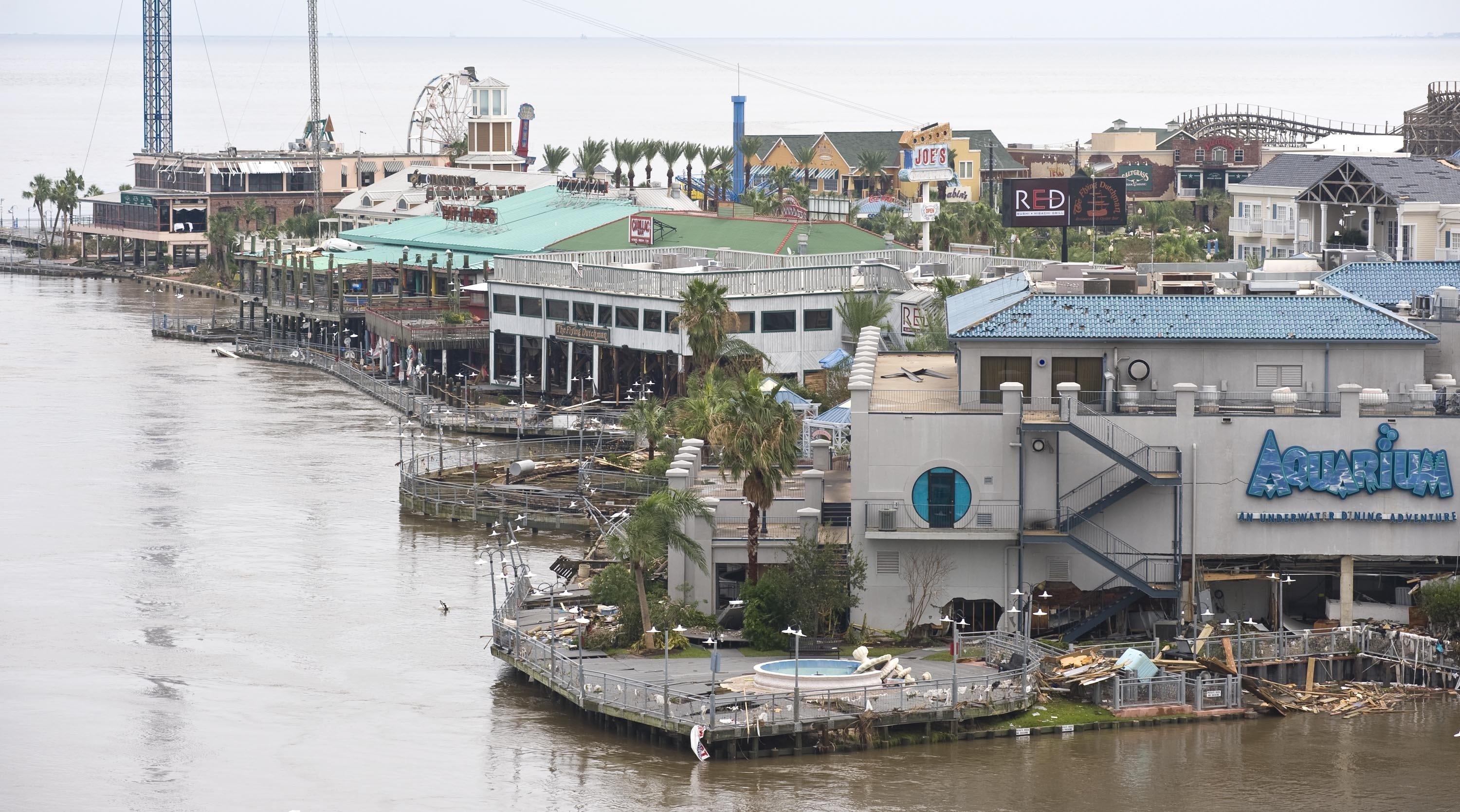 KEMAH, TX - SEPTEMBER 14: The Boardwalk, a popular restaurant district, sits damaged September 14, 2008 in Kemah, Texas. Hurricane Ike made landfall yesterday morning at Galveston causing widespread wind and flood damage along the Texas and Louisiana coasts. Kemah is located on Galveston Bay. (Photo by Dave Einsel/Getty Images)