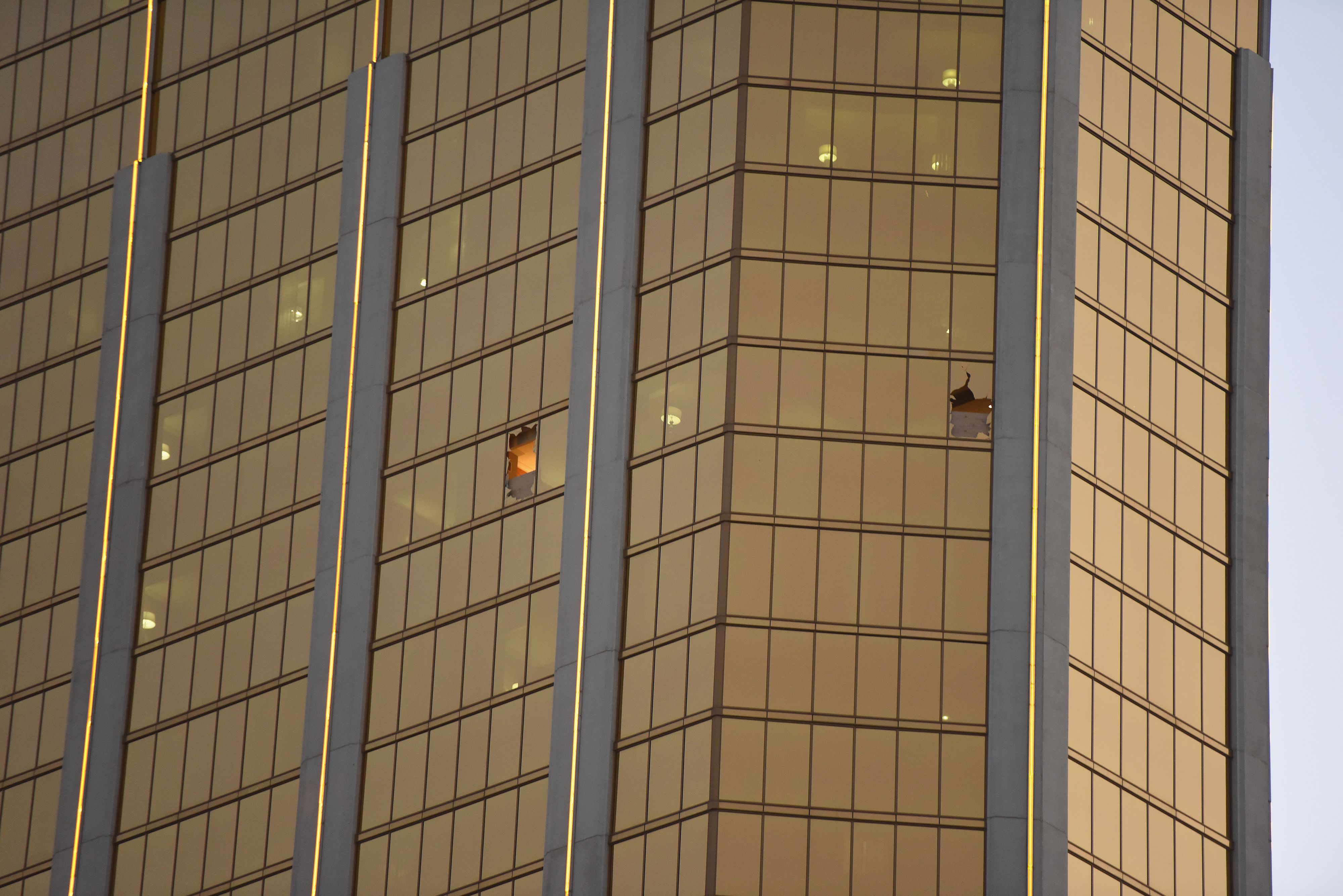 Broken windows that Stephen Paddock fired from in the The Mandalay Bay Hotel and Casino are seen in Las Vegas, Nevada, is seen October 4, 2017. (ROBYN BECK/AFP via Getty Images)
