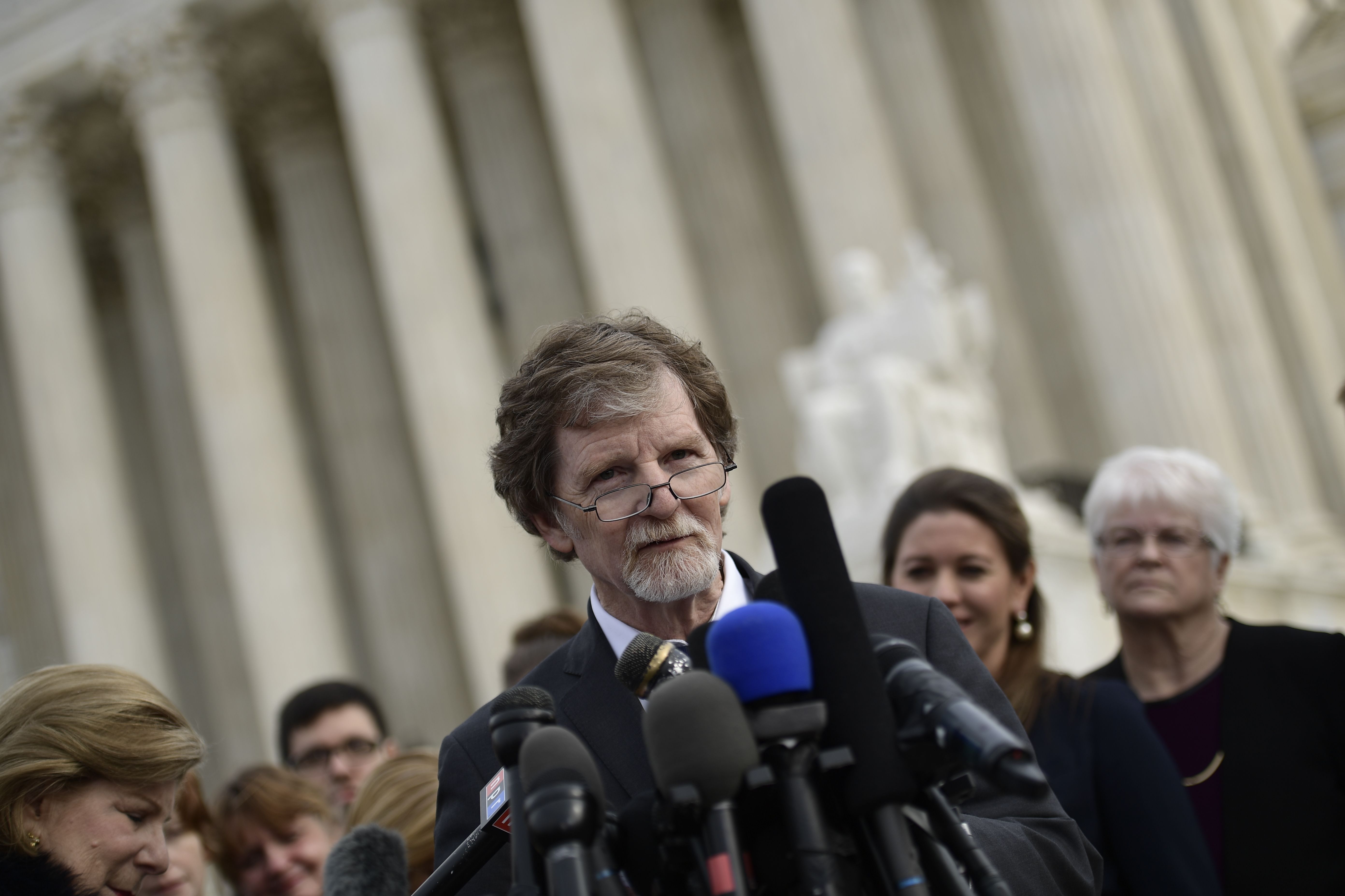 Jack Phillips, owner of "Masterpiece Cakeshop" in Lakewood, Colorado speaks outside the US Supreme Court as Masterpiece Cakeshop vs. Colorado Civil Rights Commission is heard on December 5, 2017 in Washington, DC. (BRENDAN SMIALOWSKI/AFP via Getty Images)