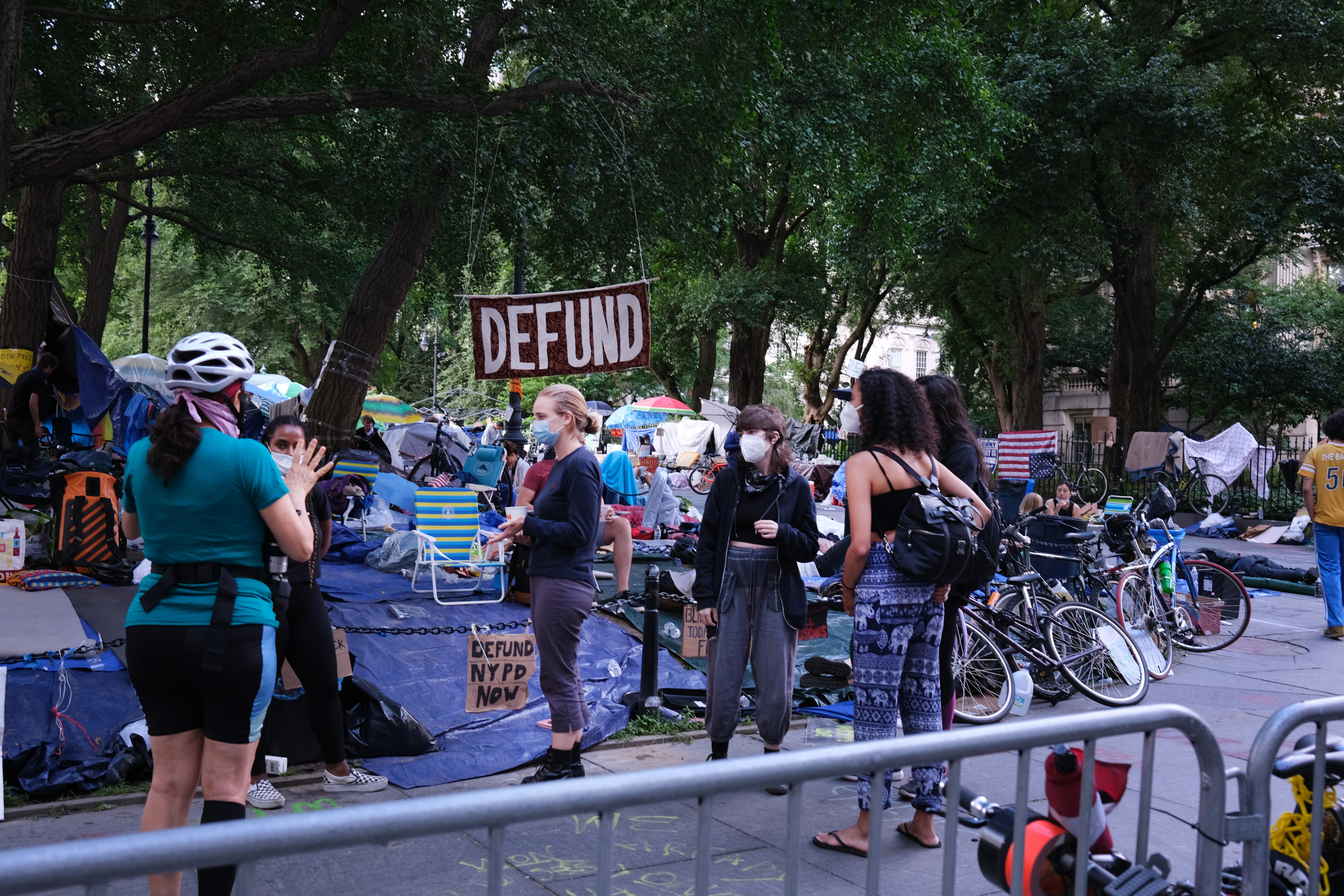 NEW YORK, NEW YORK - JUNE 30: A group of protesters affiliated with Black Lives Matter (BLM) and other groups congregate in a park outside of City Hall in Lower Manhattan as they continue to demand that the New York City Police Department (NYPD) be defunded on June 30, 2020 in New York City. (Photo by Spencer Platt/Getty Images)