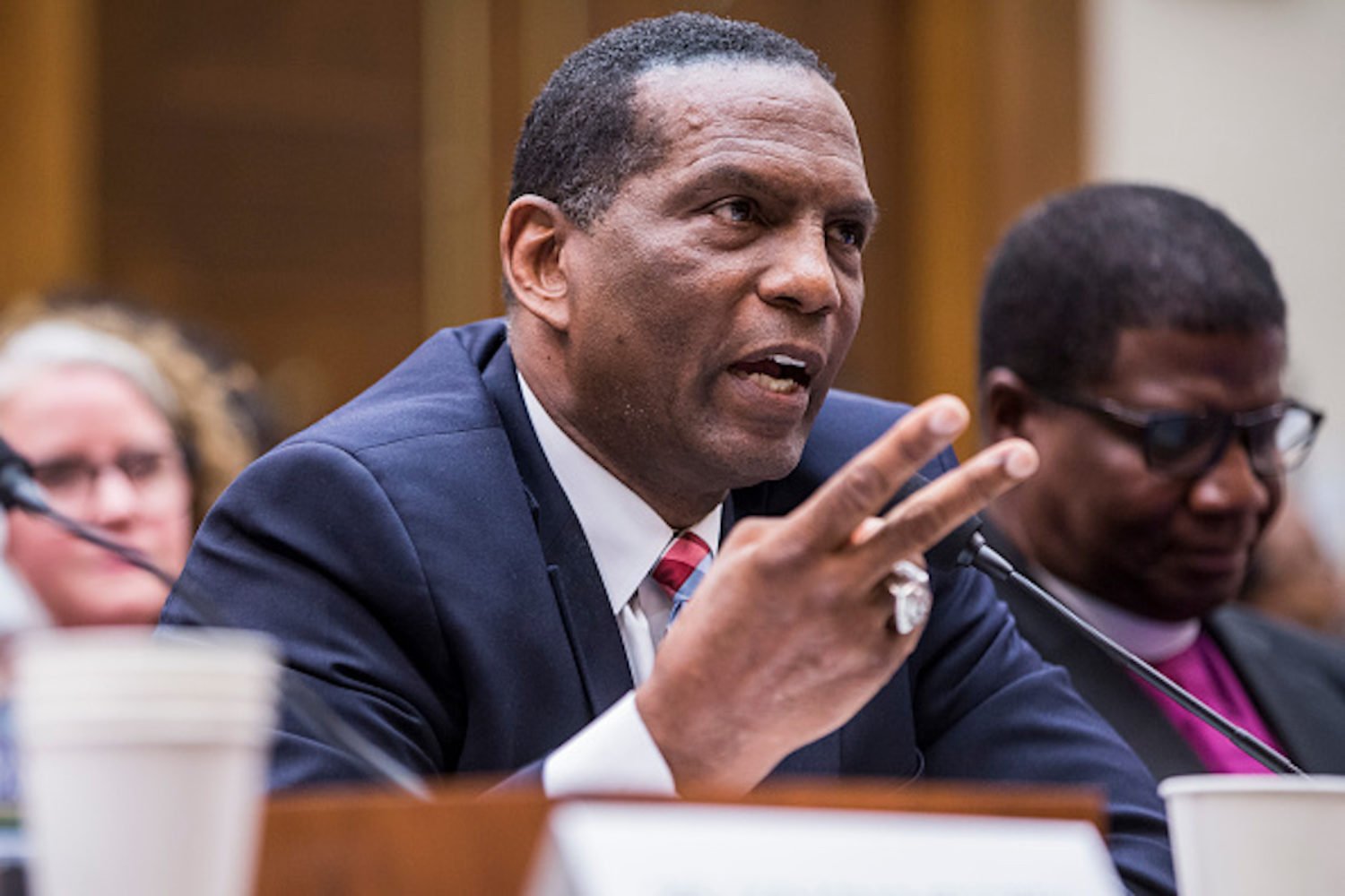Former NFL player Burgess Owens testifies during a hearing on slavery reparations held by the House Judiciary Subcommittee on the Constitution, Civil Rights and Civil Liberties on June 19, 2019 in Washington, DC. The subcommittee debated the H.R. 40 bill, which proposes a commission be formed to study and develop reparation proposals for African-Americans. (Photo by Zach Gibson/Getty Images)