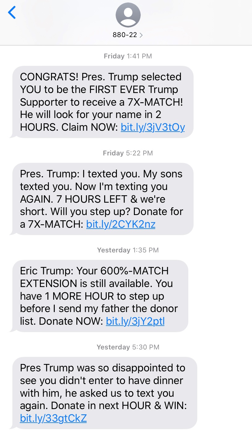 Texts received by Trump campaign on July 31 and Aug. 1. (Screenshot/Andrew Kerr)