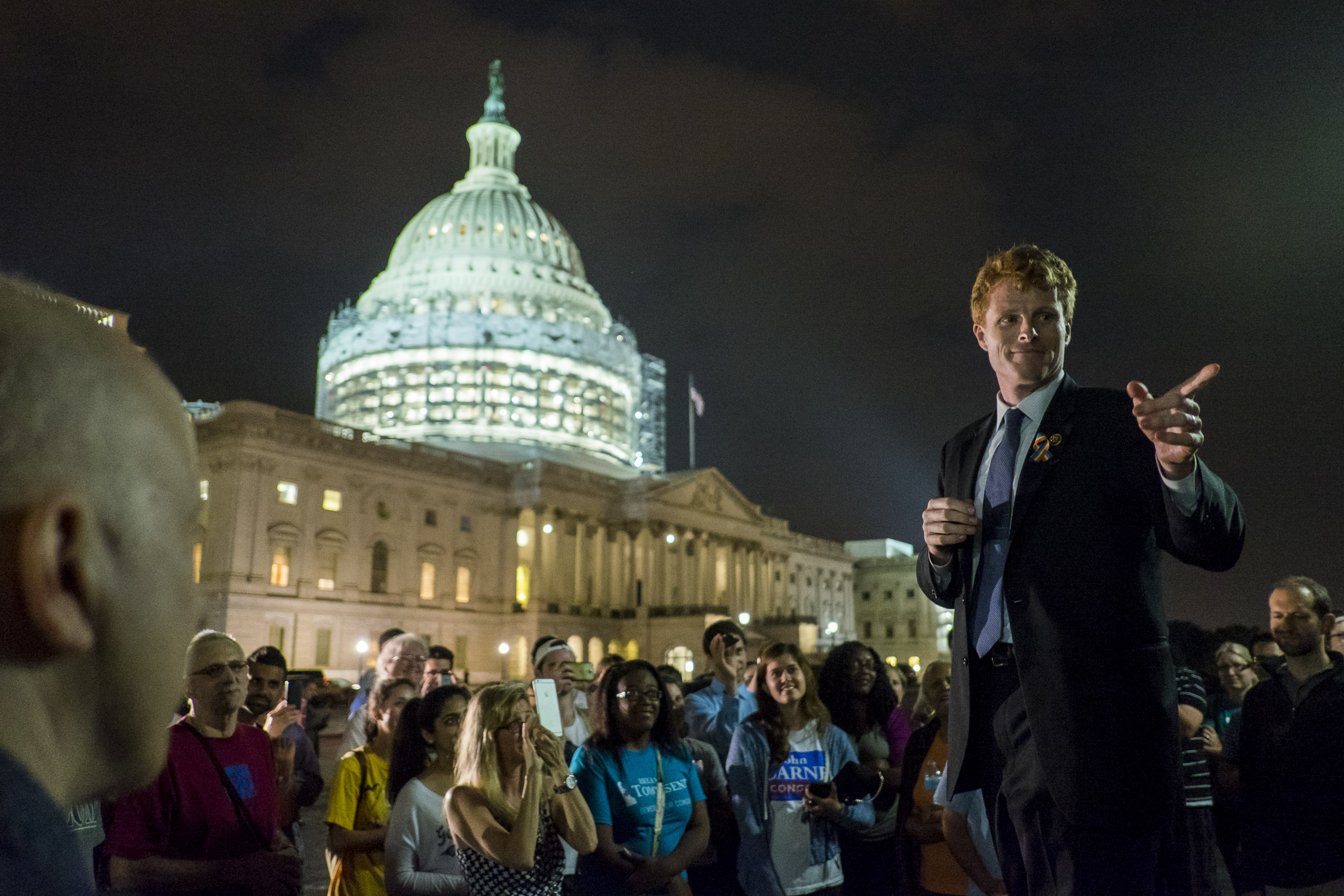 WASHINGTON, DC - June 23: Rep. Joe Kennedy III (D-MA) speaks to supporters of House Democrats taking part in a sit-in on the House Chamber outside the U.S. Capitol on June 23, 2016 in Washington, DC. House Republicans attempted to end the 16-hour sit-in by Democrats early Thursday morning by adjourning for a recess through July 5. (Photo by Pete Marovich/Getty Images)
