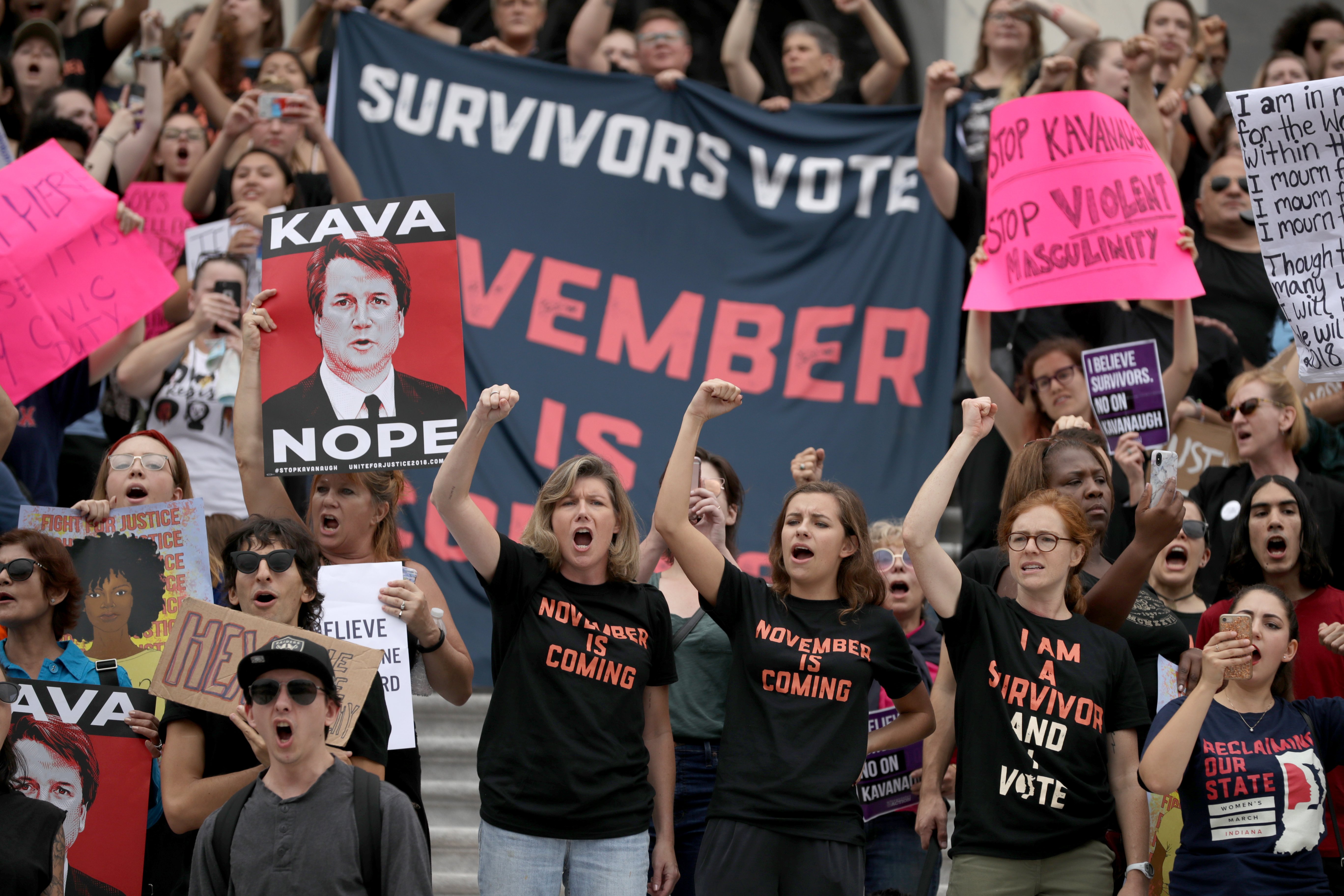 WASHINGTON, DC - OCTOBER 06: Hundreds of protesters occupy the center steps of the East Front of the U.S. Capitol after breaking through barricades to demonstrate against the confirmation of Supreme Court nominee Judge Brett Kavanaugh October 06, 2018 in Washington, DC. The Senate is scheduled to vote on Kavanaugh's confirmation later in the day. (Photo by Chip Somodevilla/Getty Images)