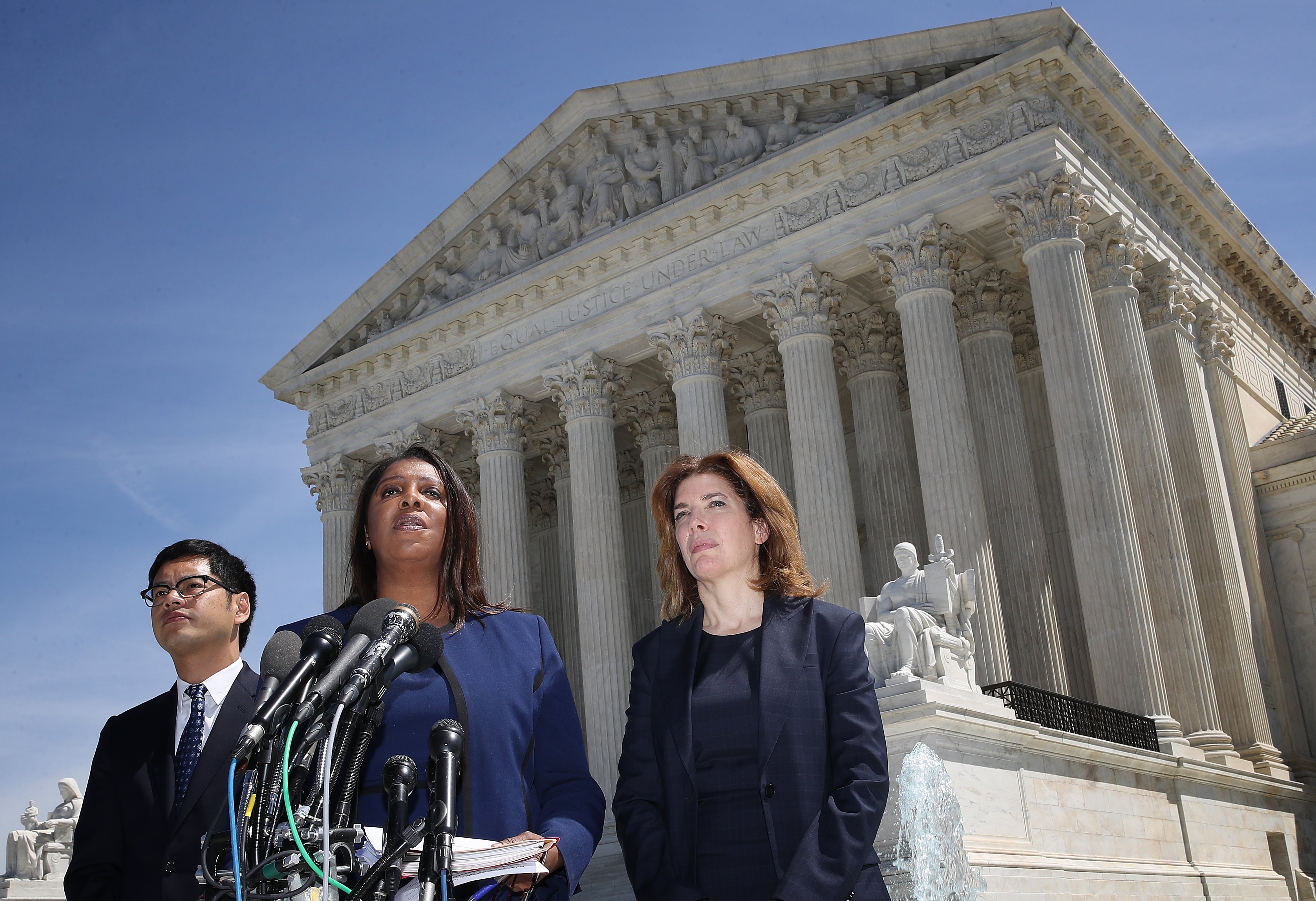 WASHINGTON, DC - APRIL 23: New York Attorney General Letitia James (C), New York Census Director Julie Menin (R) and ACLU's Director of the Voting Project Dale Ho (L) answer questions outside the U.S. Supreme Court after the court heard oral arguments in the Commerce vs. New York case April 23, 2019 in Washington, DC. The case highlights a question about U.S. citizenship included by the Trump administration in the proposed 2020 U.S. census. (Photo by Win McNamee/Getty Images)