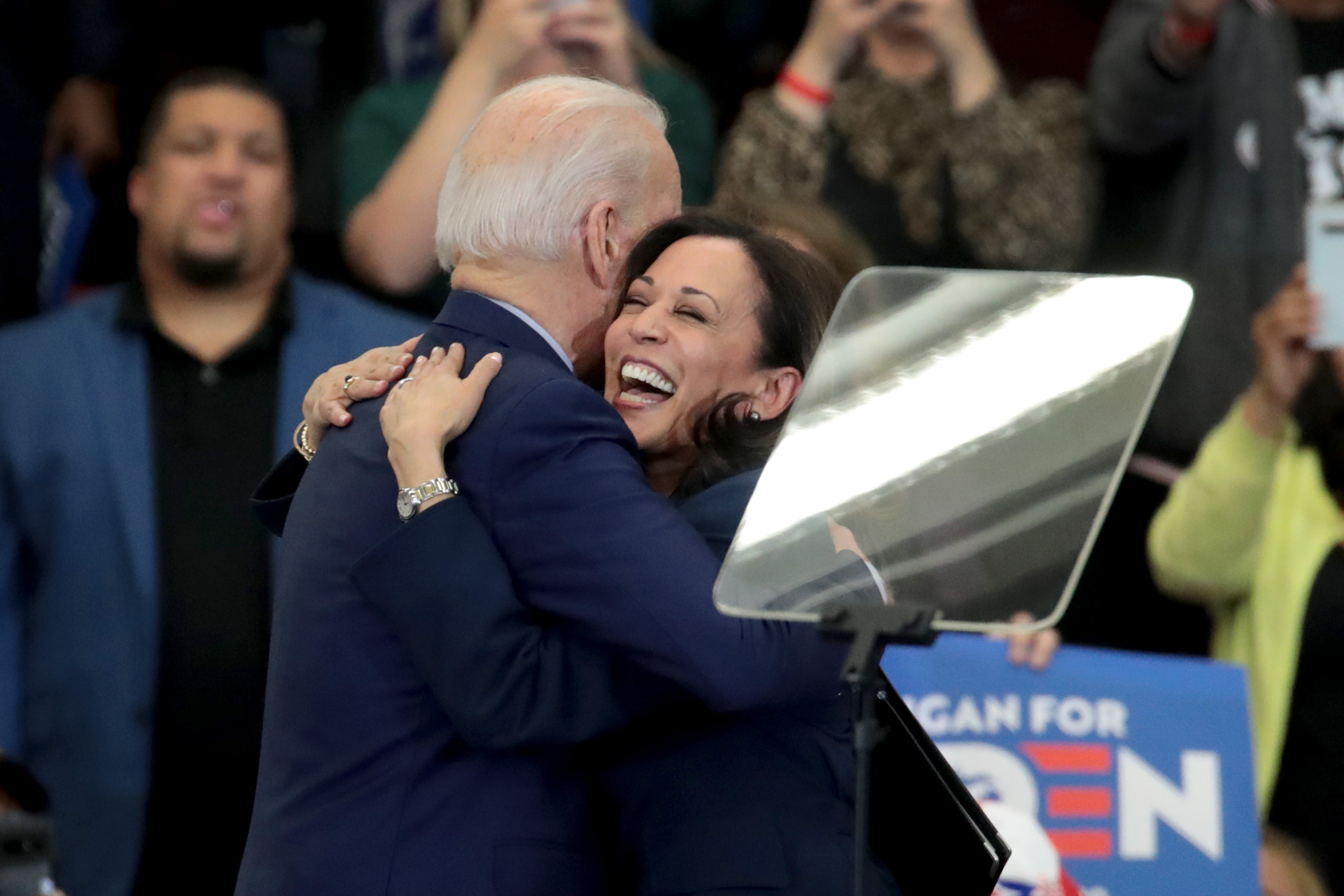 DETROIT, MICHIGAN - MARCH 09: Sen. Kamala Harris (L) (D-CA), hugs Democratic presidential candidate former Vice President Joe Biden after introducing him at a campaign rally at Renaissance High School on March 09, 2020 in Detroit, Michigan. Michigan will hold its primary election tomorrow. (Photo by Scott Olson/Getty Images)