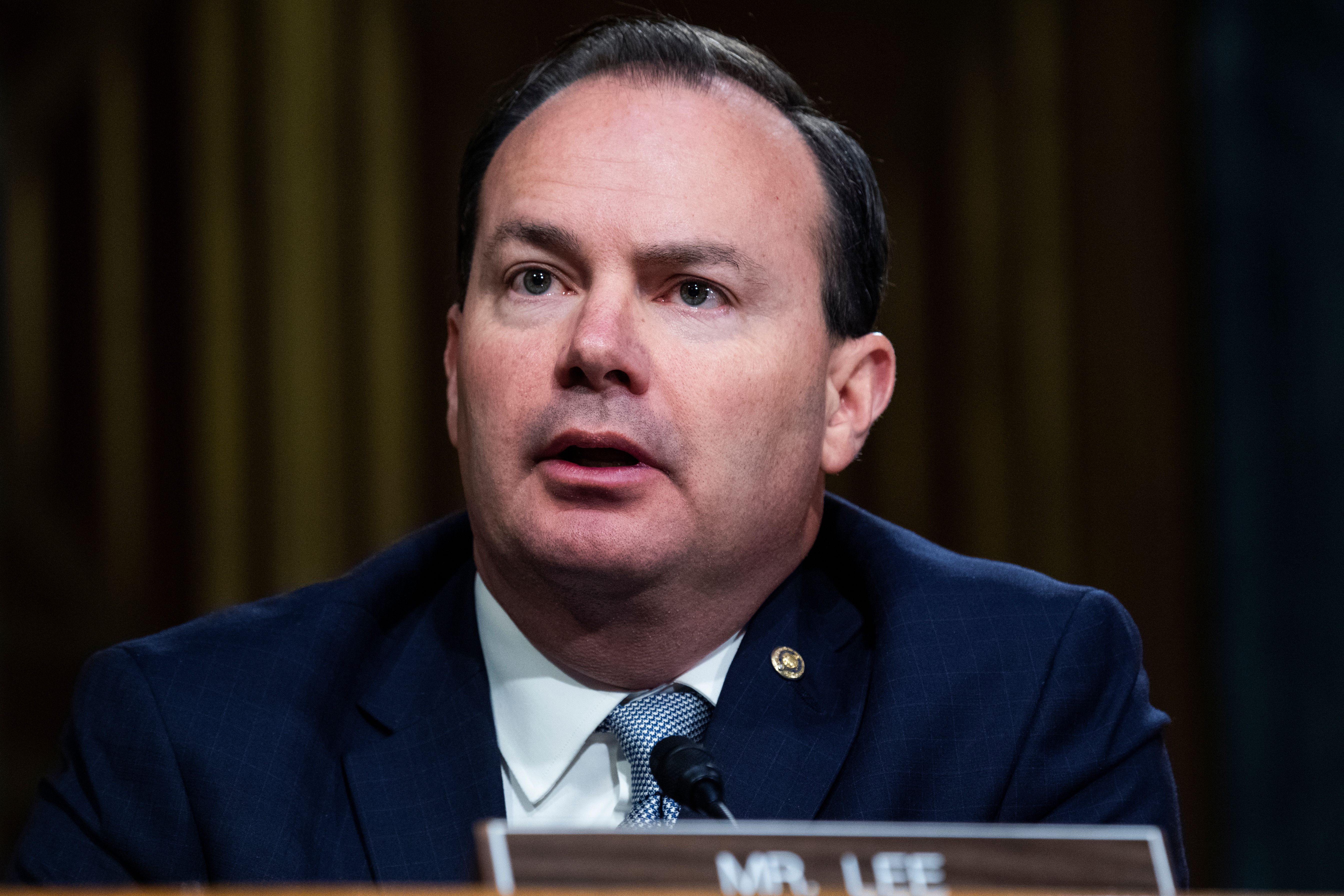 Sen. Mike Lee, R-UT, speaks during the Senate Judiciary Committee hearing titled "Examining Best Practices for Incarceration and Detention During COVID-19," in the Dirksen Building in Washington, DC on June 2, 2020. (Photo by Tom Williams / POOL / AFP) (Photo by TOM WILLIAMS/POOL/AFP via Getty Images)