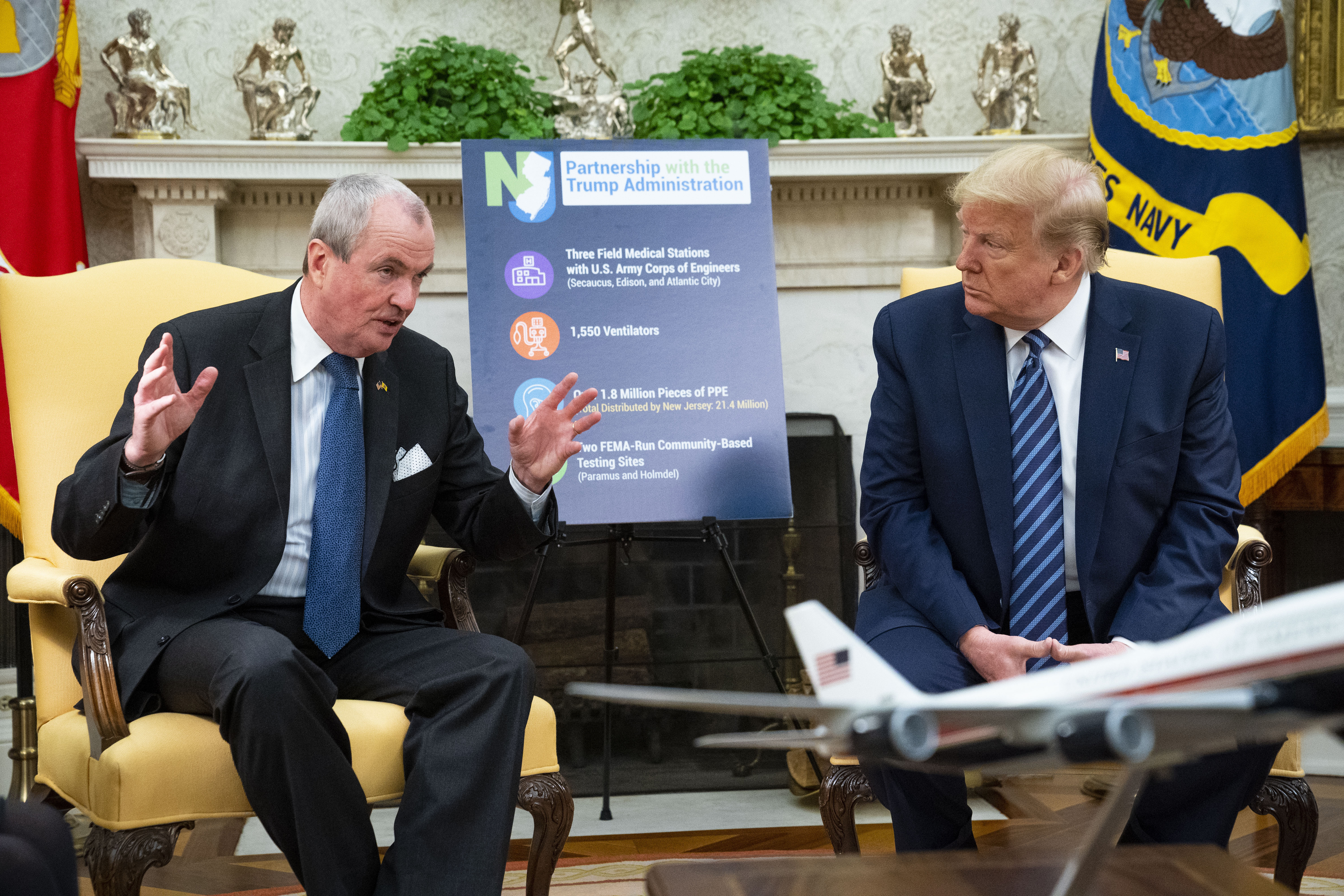 U.S. President Donald Trump meets with New Jersey Gov. Phil Murphy in the Oval Office of the White House April 30, 2020 in Washington, DC. (Doug Mills/The New York Times/Pool/Getty Images)