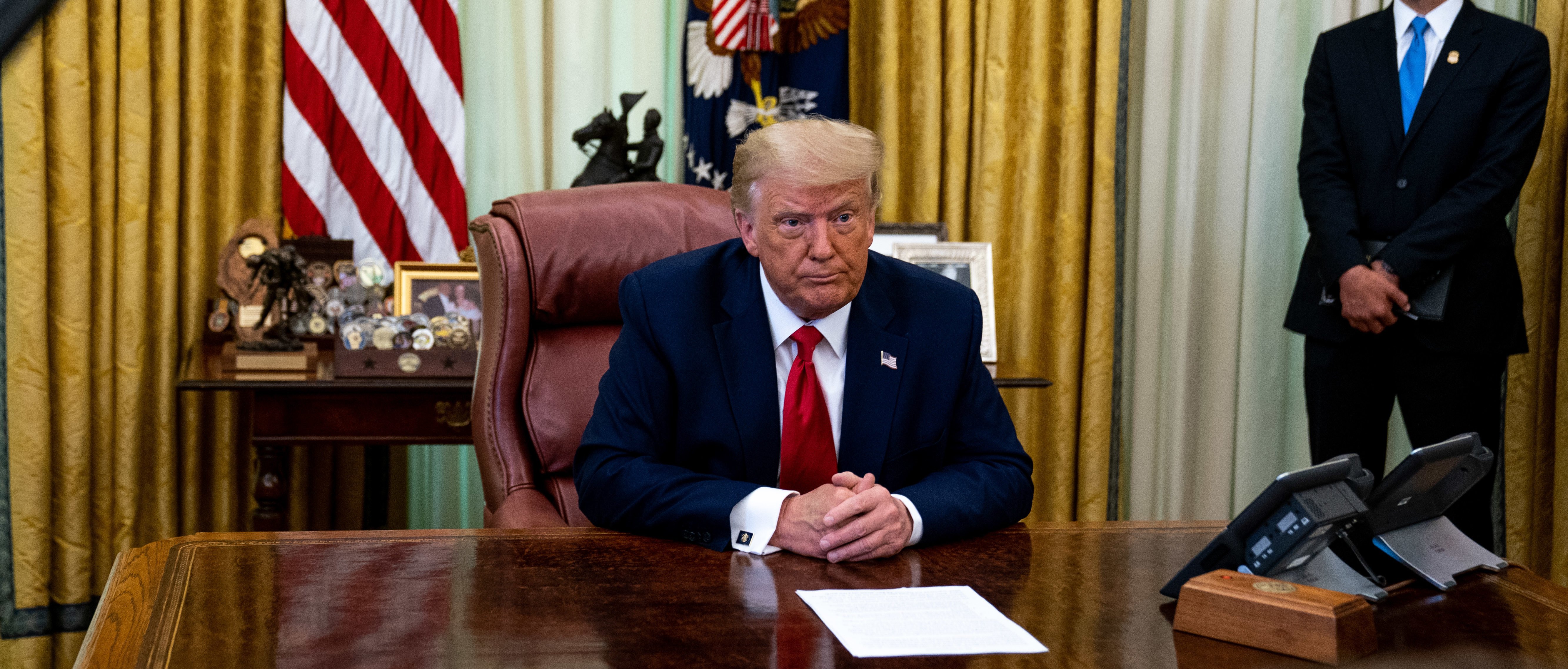 WASHINGTON, DC - JULY 15: President Donald Trump speaks in the Oval Office of the White House after receiving a briefing from law enforcement on "Keeping American Communities Safe: The Takedown of Key MS-13 Criminal Leaders" on July 15th 2020 in Washington DC. (Photo by Anna Moneymaker-Pool/Getty Images)