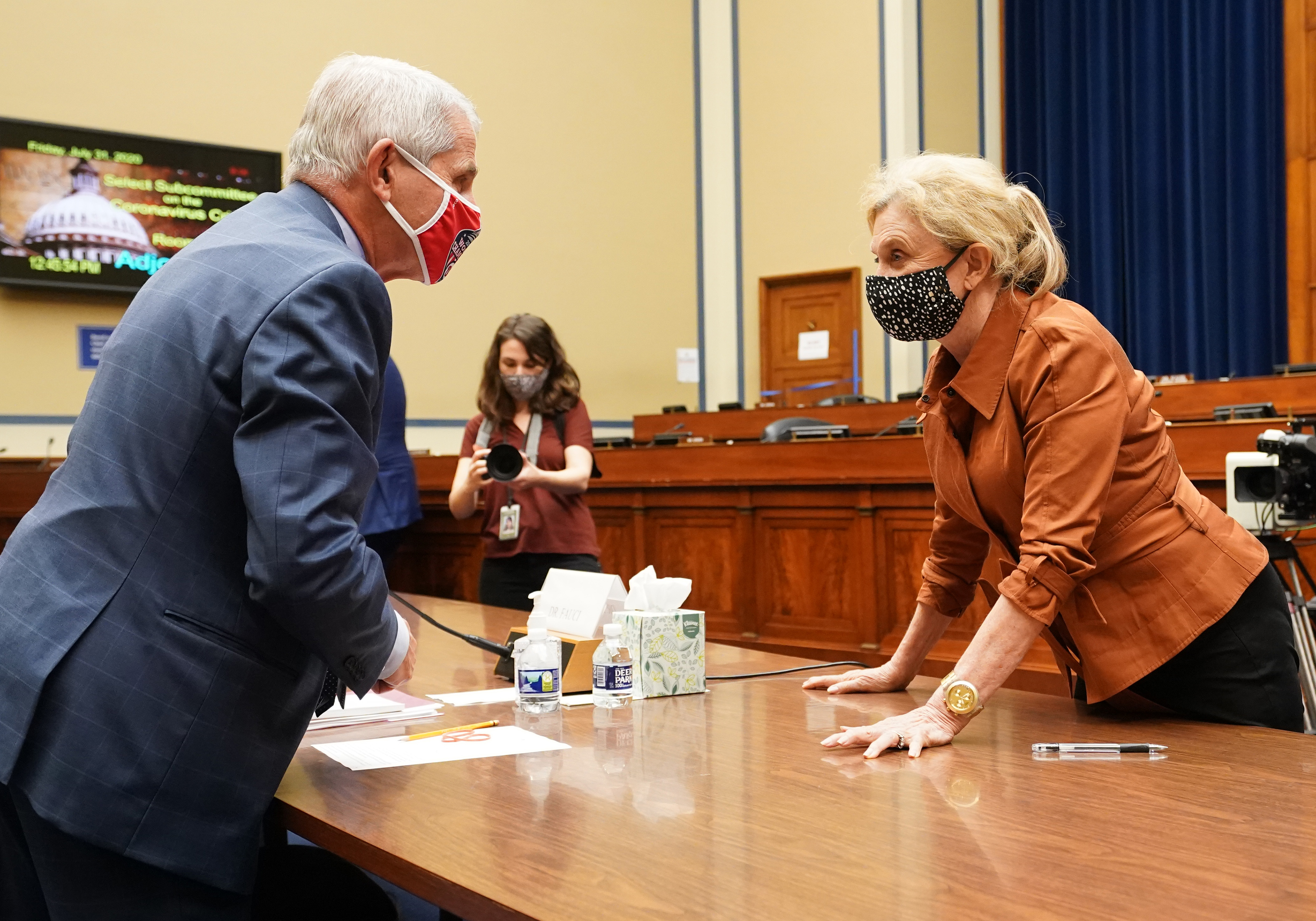 Rep. Carolyn Maloney talks to Dr. Anthony Fauci after a coronavirus hearing on July 31, 2020 in Washington, DC. (Kevin Dietsch-Pool/Getty Images)