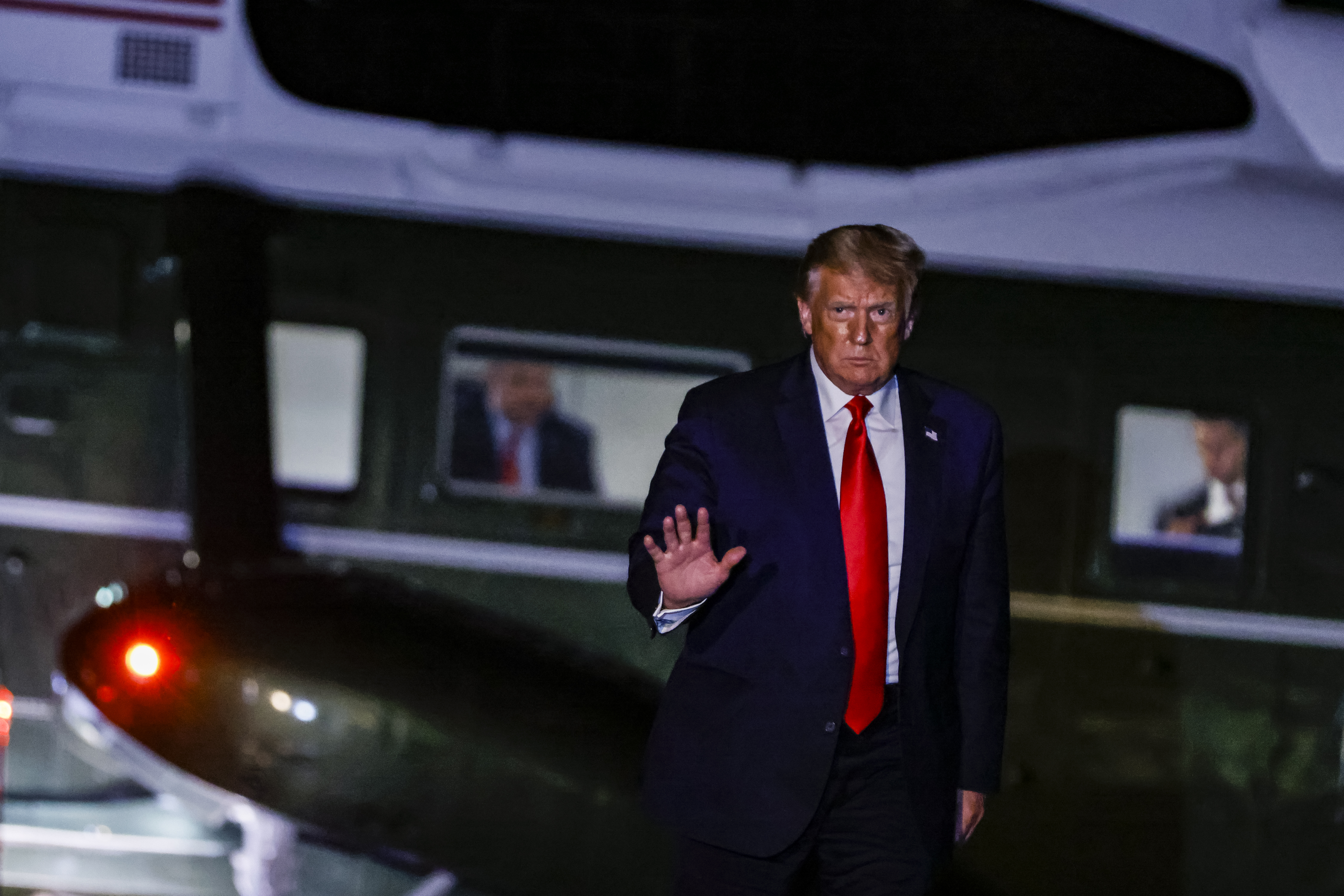 WASHINGTON, DC - AUGUST 09: President Donald Trump arrives at the White House in Marine One on August 9, 2020 in Washington, DC. The President spent the weekend at his property in New Jersey where he attended multiple campaign and fund raising events. (Photo by Samuel Corum/Getty Images)