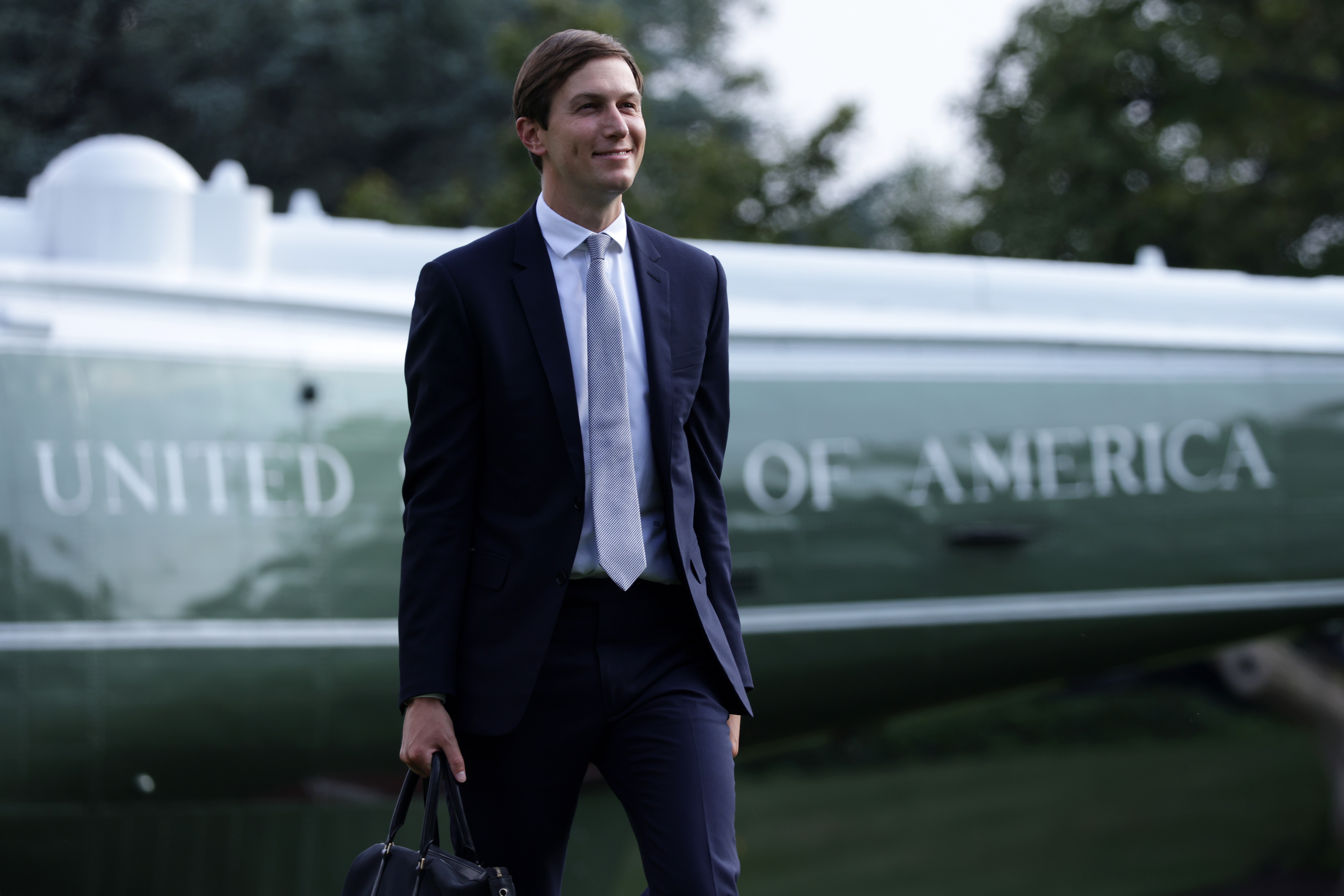 WASHINGTON, DC - JULY 27: White House senior adviser Jared Kushner walks on the South Lawn after landing aboard Marine One at the White House from a trip with President Donald Trump July 27, 2020 in Washington, DC. Trump was returning from a visit to the FUJIFILM Diosynth Biotechnologies' Innovation Center in Morrisville, North Carolina, a facility that supports manufacturing of key components of a COVID-19 vaccine candidate developed by Novavax. (Photo by Alex Wong/Getty Images)