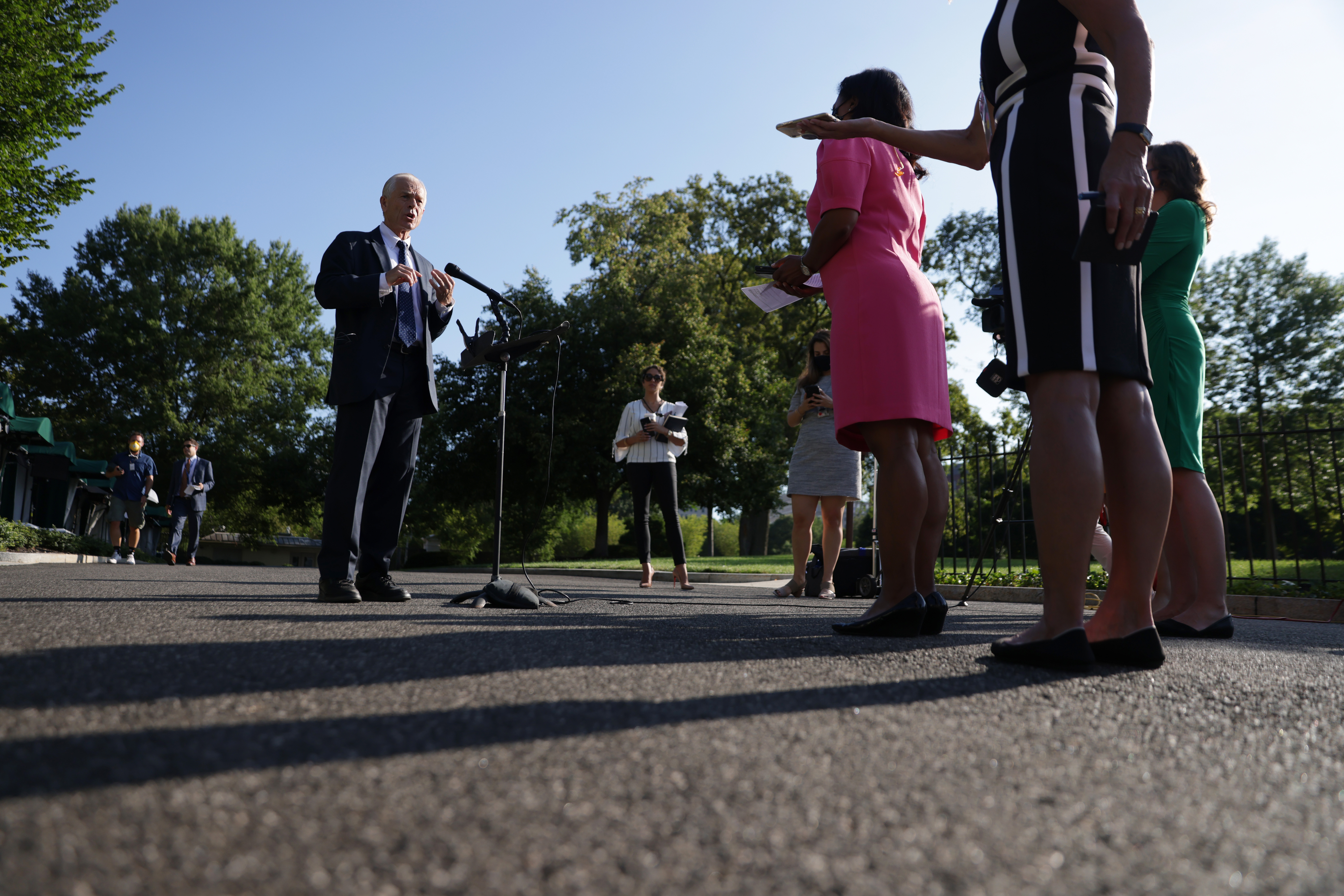 WASHINGTON, DC - JULY 29: White House trade adviser Peter Navarro speaks to members of the press outside the West Wing of the White House July 29, 2020 in Washington, DC. Navarro spoke on various topics including the drug hydroxychloroquine. (Photo by Alex Wong/Getty Images)
