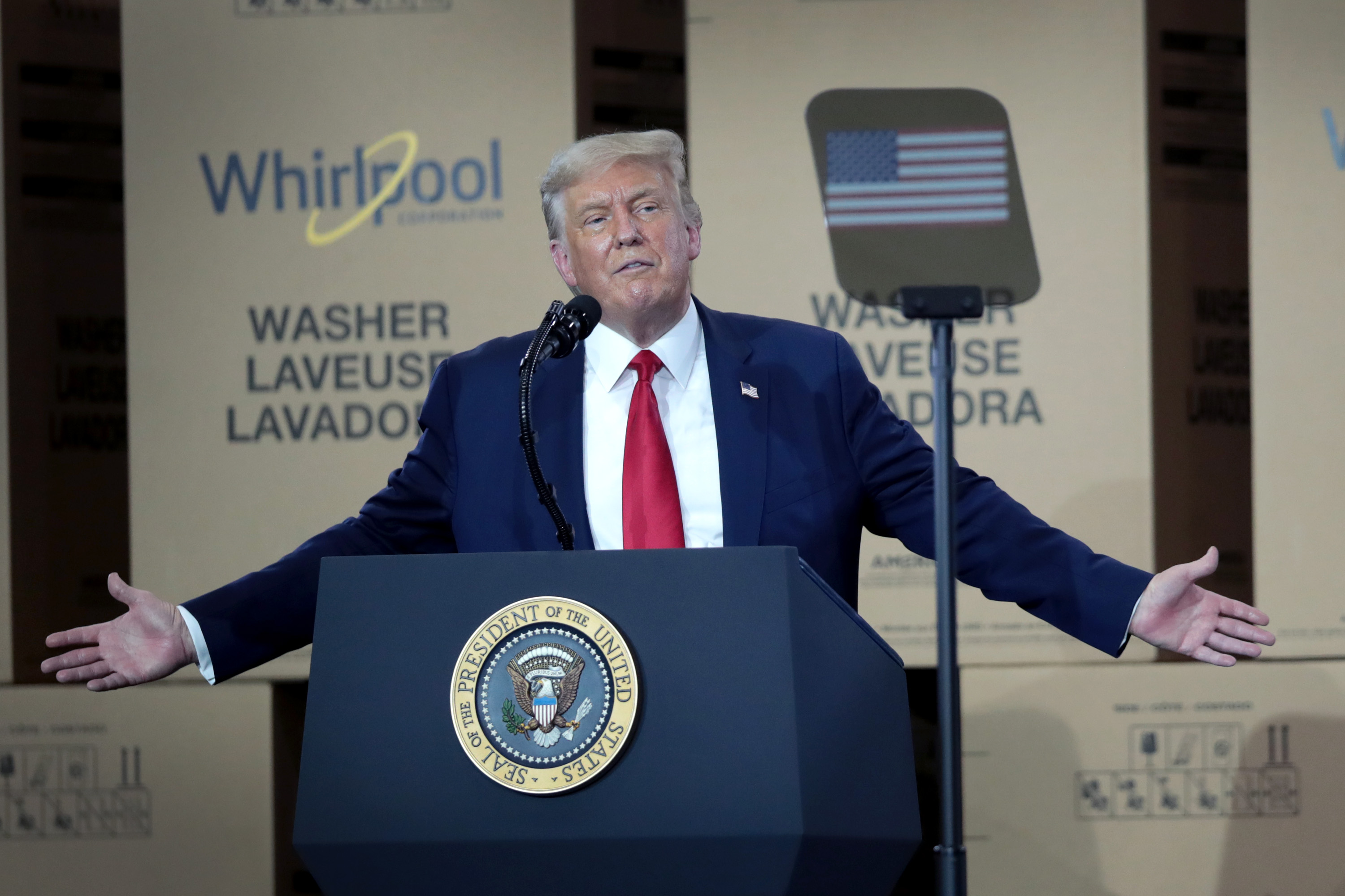 CLYDE, OHIO - AUGUST 06: U.S. President Donald Trump speaks to workers at a Whirlpool manufacturing facility on August 06, 2020 in Clyde, Ohio. Whirlpool is the last remaining major appliance company headquartered in the United States. With more than 3,000 employees, the Clyde facility is one of the world's largest home washing machine plants, producing more than 20,000 machines a day. (Photo by Scott Olson/Getty Images)