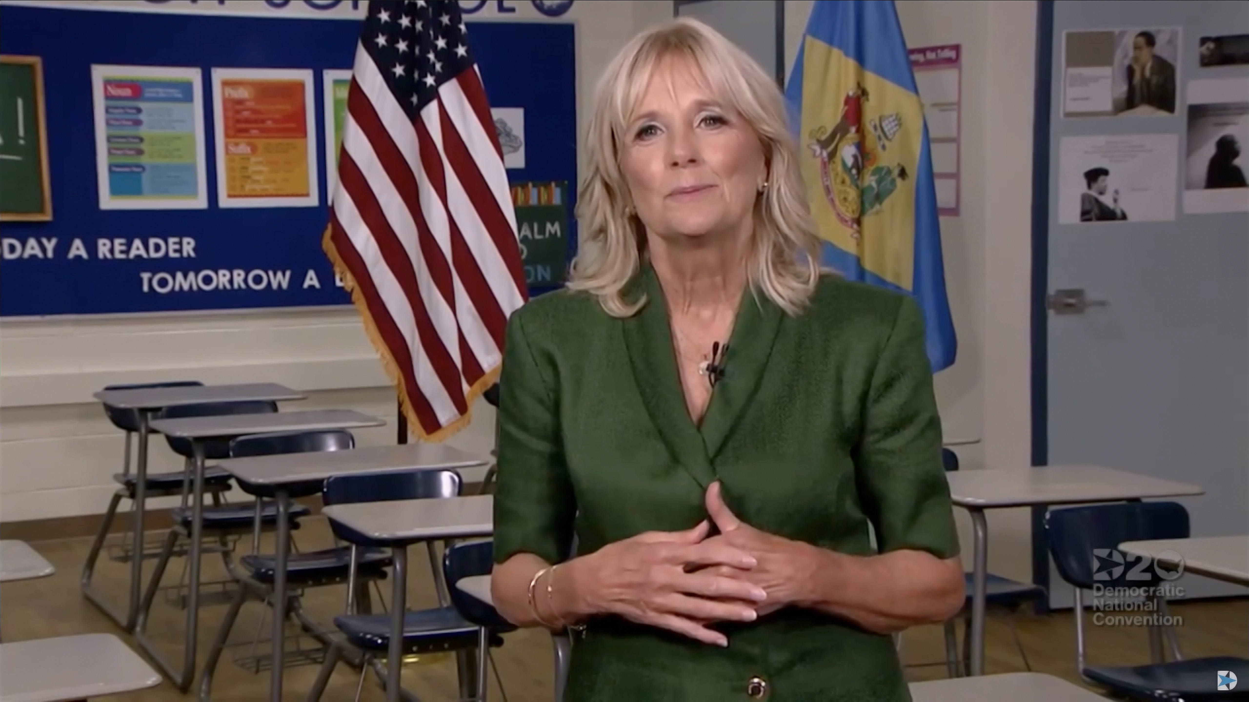 In this screenshot from the DNCC’s livestream of the 2020 Democratic National Convention, Former U.S. Second Lady Dr. Jill Biden addresses from a classroom the virtual convention on August 18, 2020. (Handout/DNCC via Getty Images)