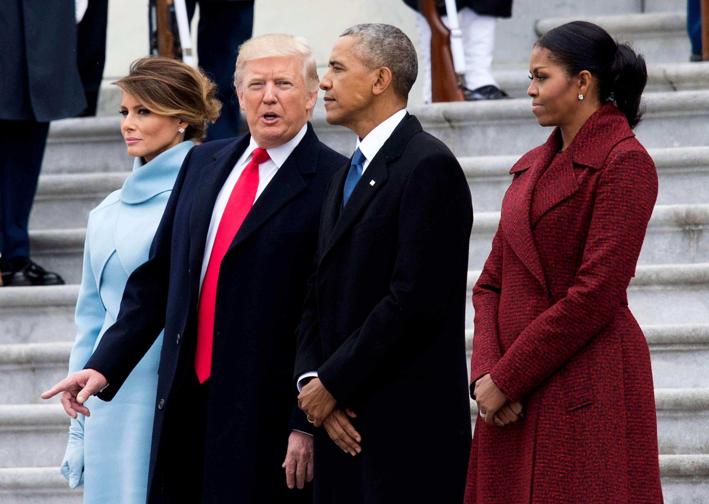 WASHINGTON, DC - JANUARY 20: President Donald Trump (2nd-L) First Lady Melania Trump (L), former President Barack Obama (2nd-R) and former First Lady Michelle Obama walk together following the inauguration, on Capitol Hill in Washington, D.C. on January 20, 2017. President-Elect Donald Trump was sworn-in as the 45th President. (Photo by Kevin Dietsch - Pool/Getty Images)