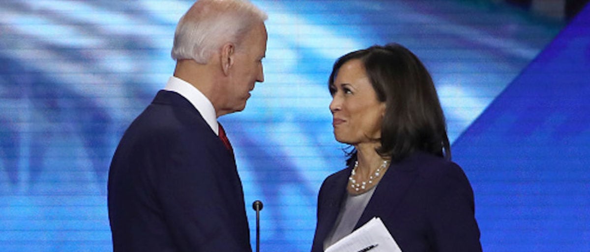 HOUSTON, TEXAS - SEPTEMBER 12: Democratic presidential candidates former Vice President Joe Biden and Sen. Kamala Harris (D-CA) speak after the Democratic Presidential Debate at Texas Southern University's Health and PE Center on September 12, 2019 in Houston, Texas. Ten Democratic presidential hopefuls were chosen from the larger field of candidates to participate in the debate hosted by ABC News in partnership with Univision. (Photo by Win McNamee/Getty Images)