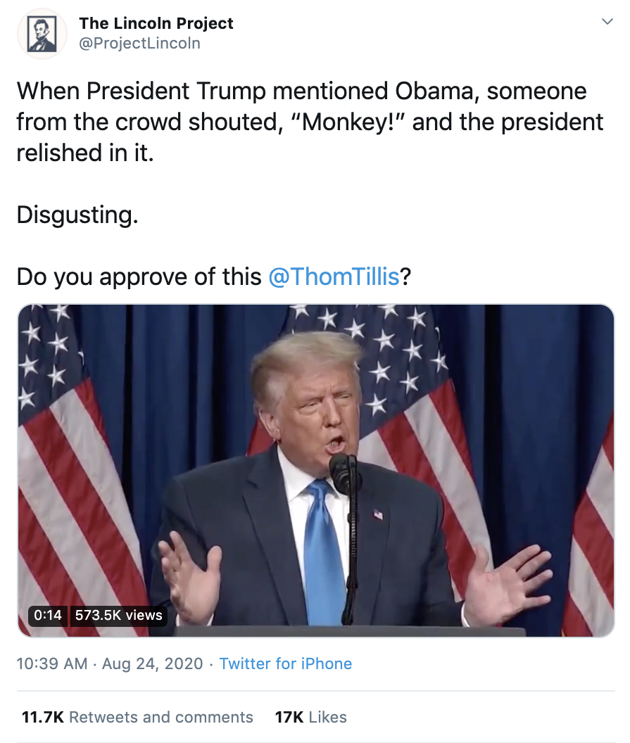 The Lincoln Project's since deleted tweet accusing an attendee of The Republican National Convention of calling President Obama a "monkey." [Twitter/Screenshot/Public-- User: @ProjectLincoln]
