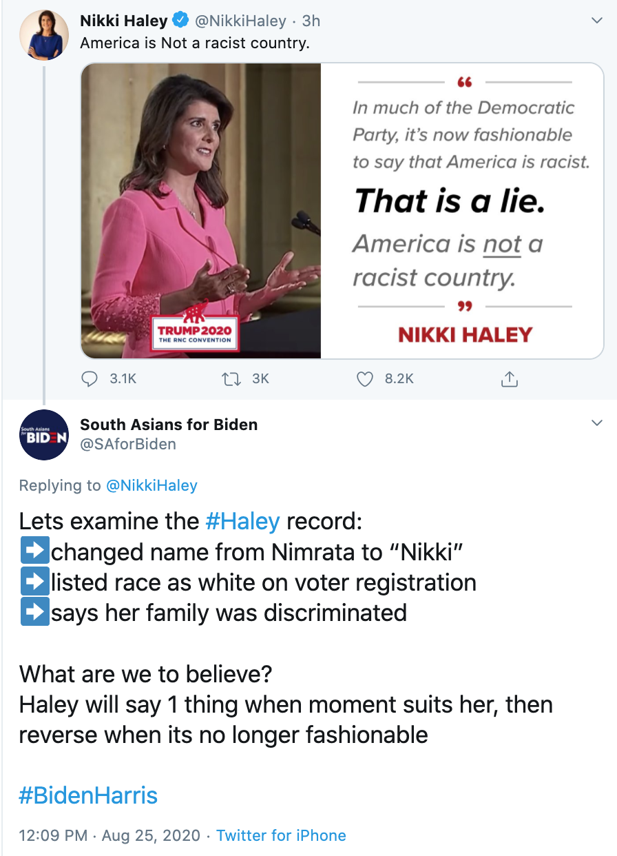 Screenshot of a now deleted tweet from South Asians For Biden regarding former US UN Ambassador Nikki Haley (Eric Lieberman)