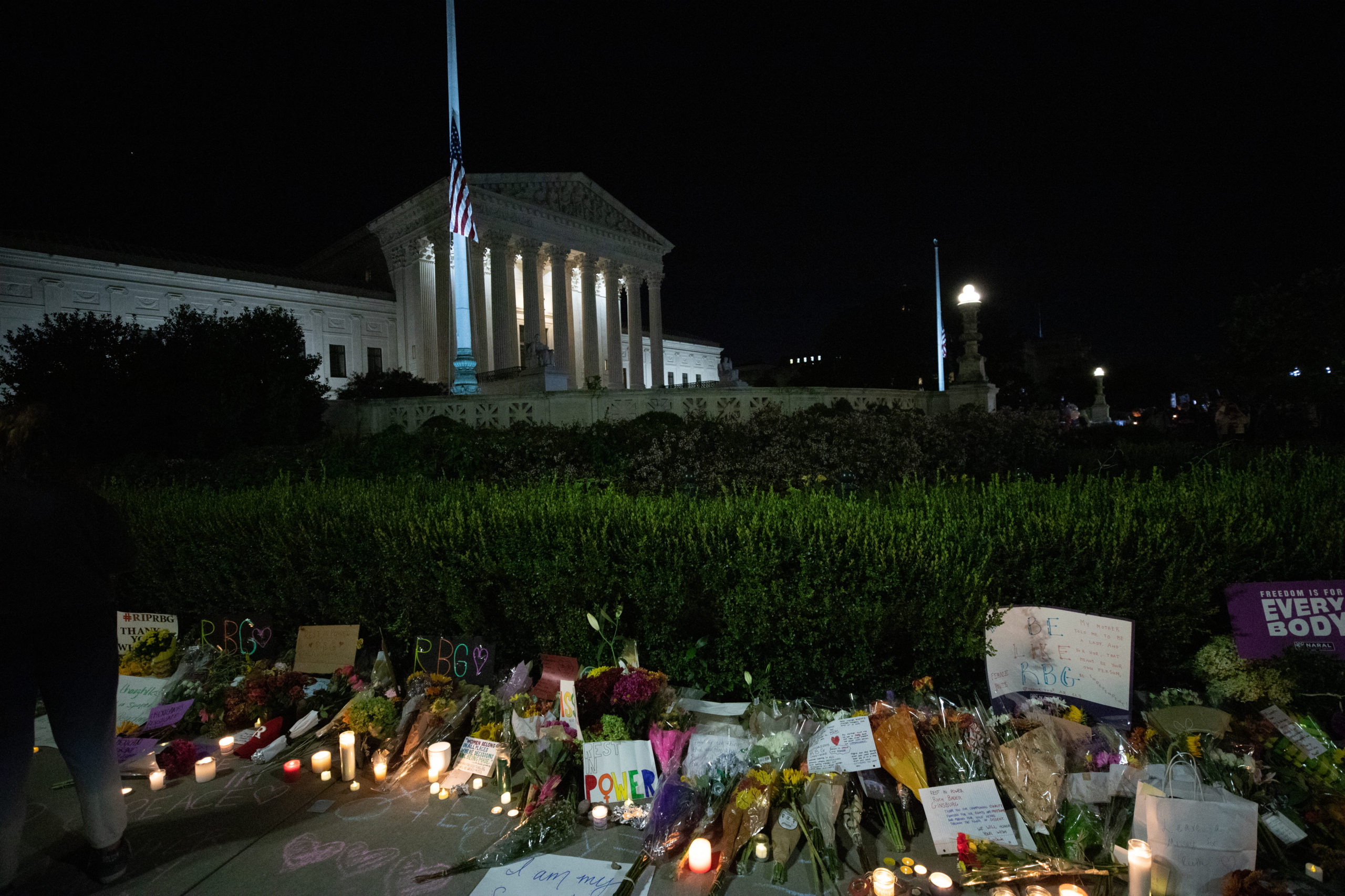 The flags outside the Supreme Court were lowered to half-mast in honor of the late Justice Ruth Bader Ginsburg on Sept. 19, 2020. (Photo: Kaylee Greenlee / The DCNF) 