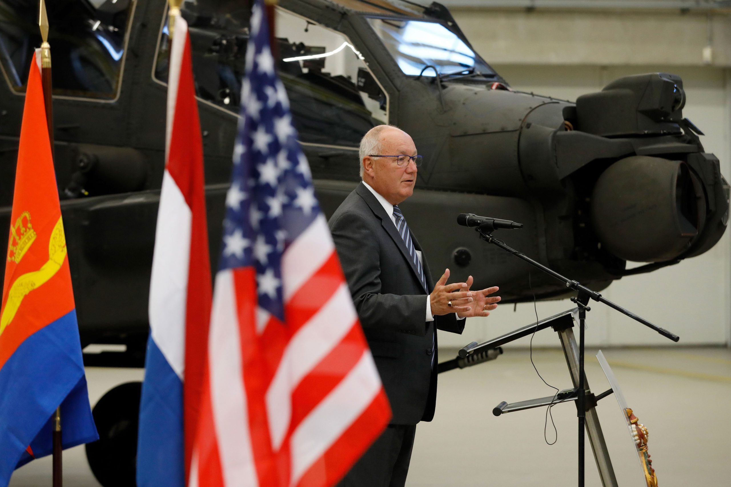 US ambassador Pete Hoekstra speaks at airbase Gilze-Rijen during a signing ceremony for the upgrate of 28 Apache helicopters of the Royal Airforce at Gilze Rijen, on September 14, 2018. (Photo by Bas CZERWINSKI / ANP / AFP) / Netherlands OUT (Photo credit should read BAS CZERWINSKI/AFP via Getty Images)