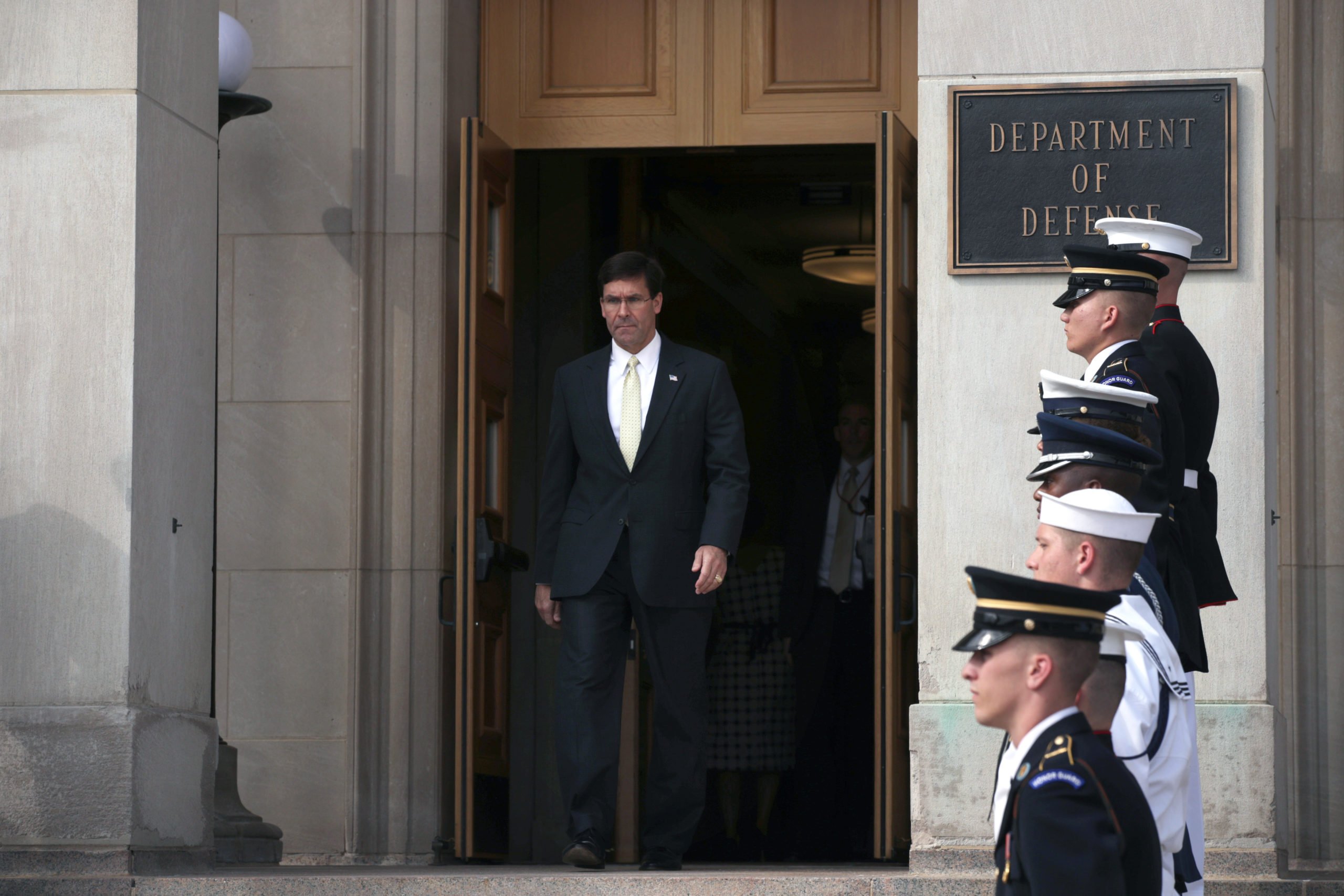 ARLINGTON, VIRGINIA - SEPTEMBER 23: U.S. Secretary of Defense Mark Esper comes out from the building to welcome Germany Defense Minister Annegret Kramp-Karrenbauer during an enhanced honor cordon at the Pentagon September 23, 2019 in Arlington, Virginia. Secretary Esper and Minister Kramp-Karrenbauer had a bilateral meeting during her visit in Washington. (Alex Wong/Getty Images)