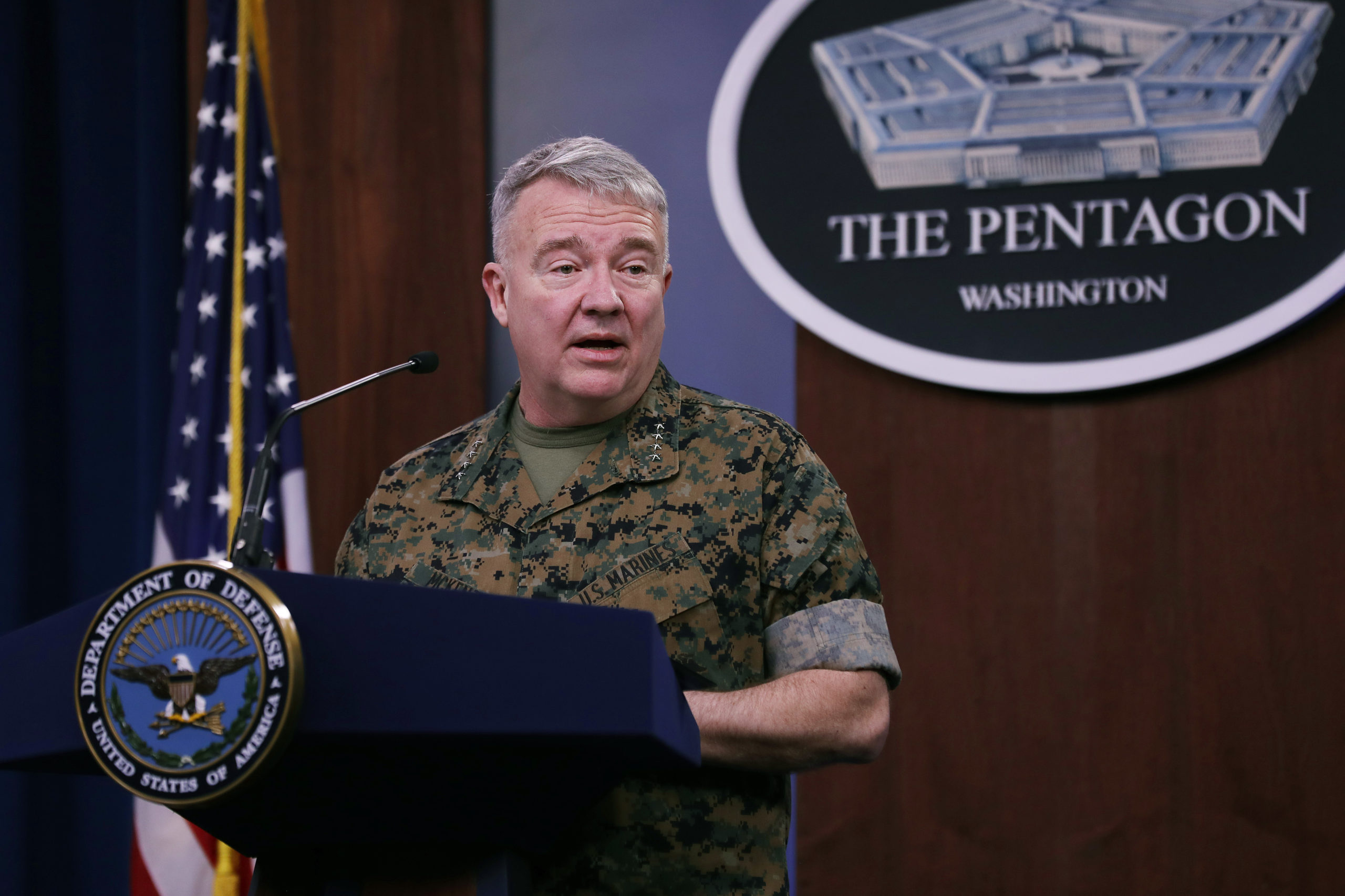 ARLINGTON, VIRGINIA - MARCH 13: Marine Corps Gen. Kenneth F. McKenzie, commander of U.S. Central Command, talks to journalists about the military response to rocket attacks that killed two U.S. and one U.K. service members in Iraq during a news briefing at the Pentagon March 13, 2020 in Arlington, Virginia. Because of the threat of transmission of the novel coronavirus (COVID-19), the Pentagon is exercising social distancing by keeping reporters' chairs four feet apart from each other during briefings. (Photo by Chip Somodevilla/Getty Images)
