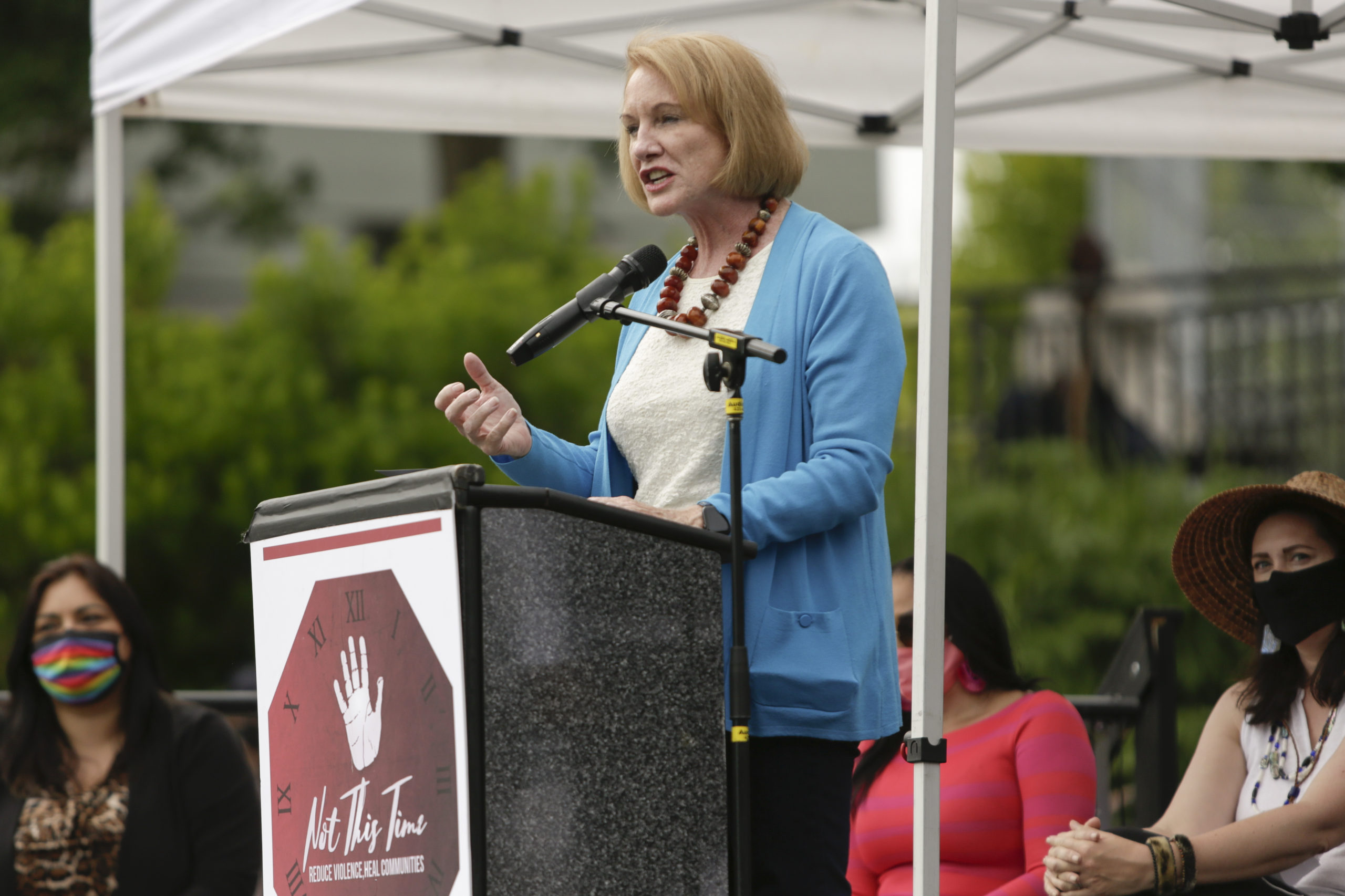 Seattle Mayor Jenny Durkan speaks during a rally hosted by Andre Taylor, in Seattle on June 19. (Jason Redmond/AFP via Getty Images)