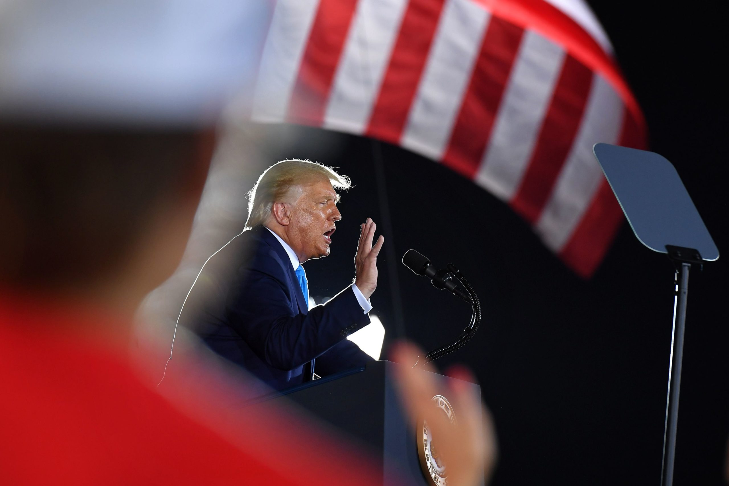 U.S. President Donald Trump addresses supporters during a campaign event at Arnold Palmer Regional Airport in Latrobe, Pennsylvania on September 3, 2020. (Mandel Ngan/AFP via Getty Images)