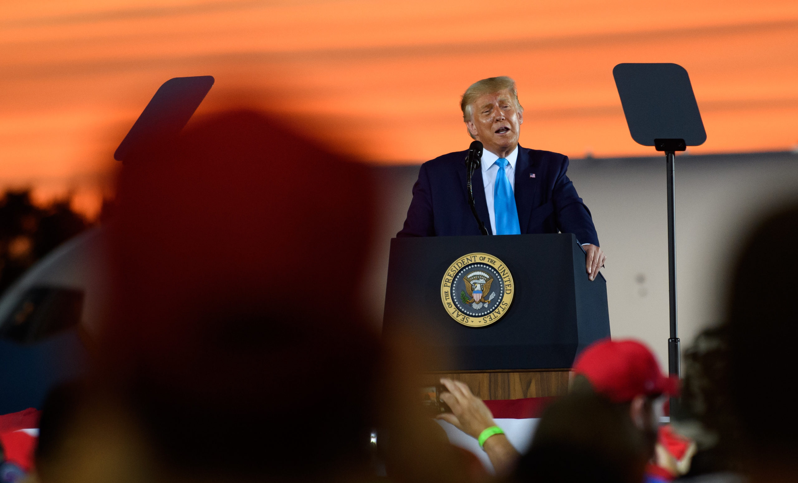 LATROBE, PA - SEPTEMBER 03: President Donald Trump speaks to supporters at a campaign rally at Arnold Palmer Regional Airport on September 3, 2020 in Latrobe, Pennsylvania. Trump won Pennsylvania in the 2016 election by a narrow margin. (Photo by Jeff Swensen/Getty Images)