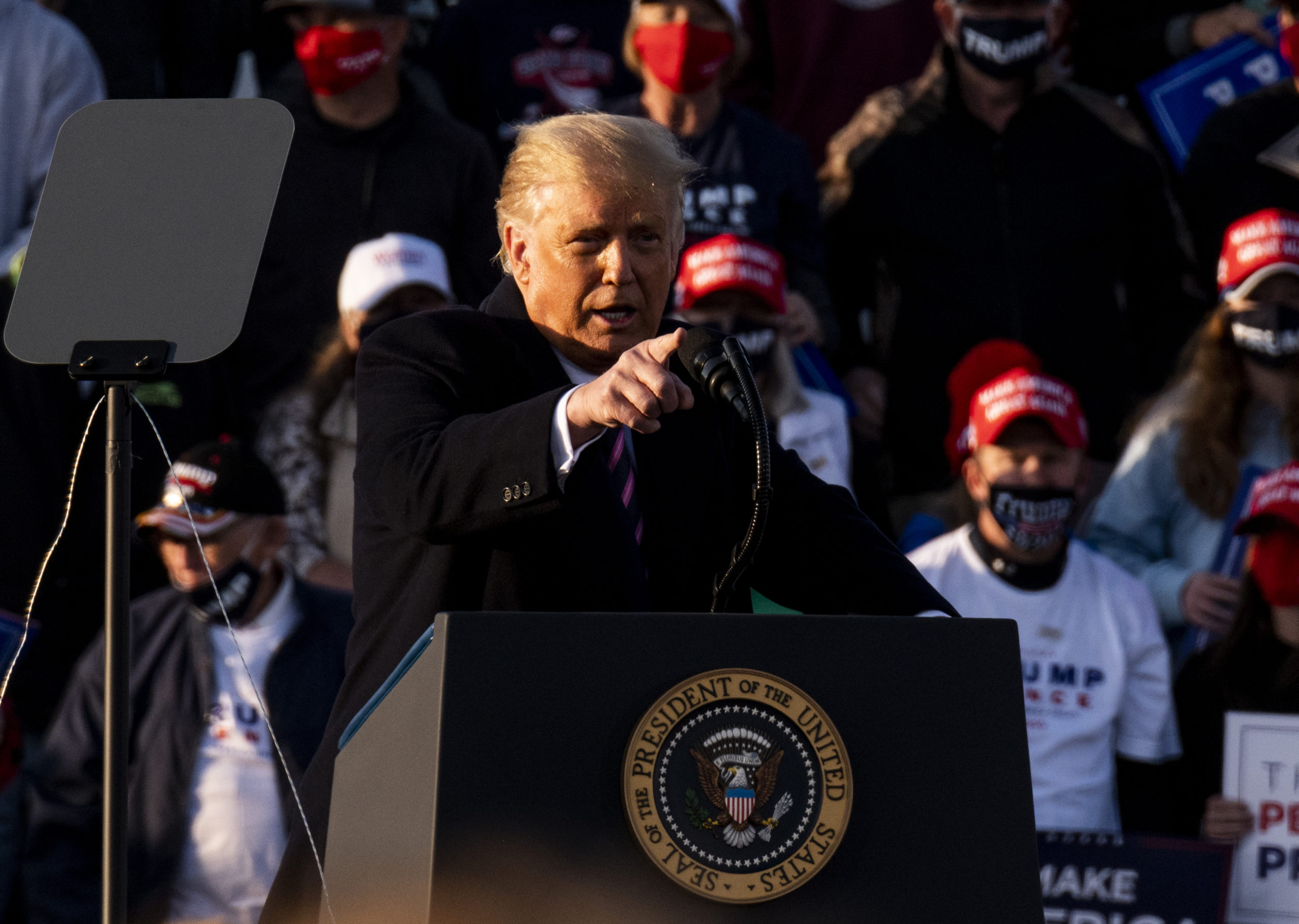 BEMIDJI, MN - SEPTEMBER 18: President Donald Trump speaks to supporters during a rally at the Bemidji Regional Airport on September 18, 2020 in Bemidji, Minnesota. Trump and challenger, Democratic presidential nominee and former Vice President Joe Biden, are both campaigning in Minnesota today. (Photo by Stephen Maturen/Getty Images)