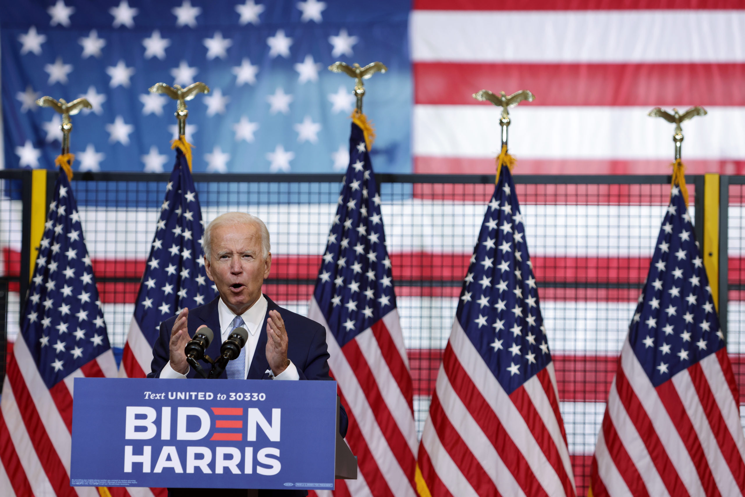 PITTSBURGH, PENNSYLVANIA - AUGUST 31: Democratic presidential candidate former Vice President Joe Biden speaks during a campaign event at Mill 19 on August 31, 2020 in Pittsburgh, Pennsylvania. Biden criticized President Trump’s response to protests in Kenosha, Wisconsin and Portland, Oregon. (Photo by Alex Wong/Getty Images)