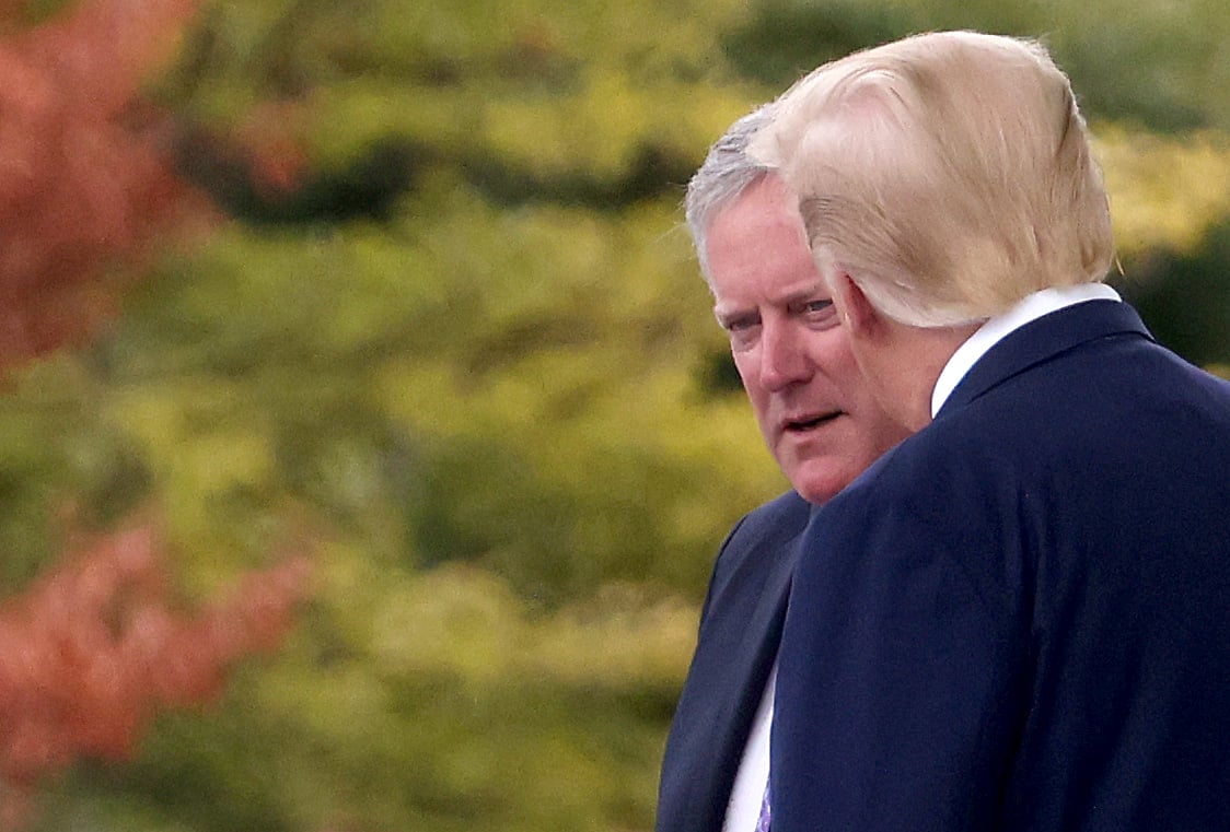 WASHINGTON, DC - SEPTEMBER 01: U.S. President Donald Trump confers with White House Chief of Staff Mark Meadows while departing the White House September 1, 2020 in Washington, DC. Trump is scheduled to travel today to Kenosha, Wisconsin. (Photo by Win McNamee/Getty Images)