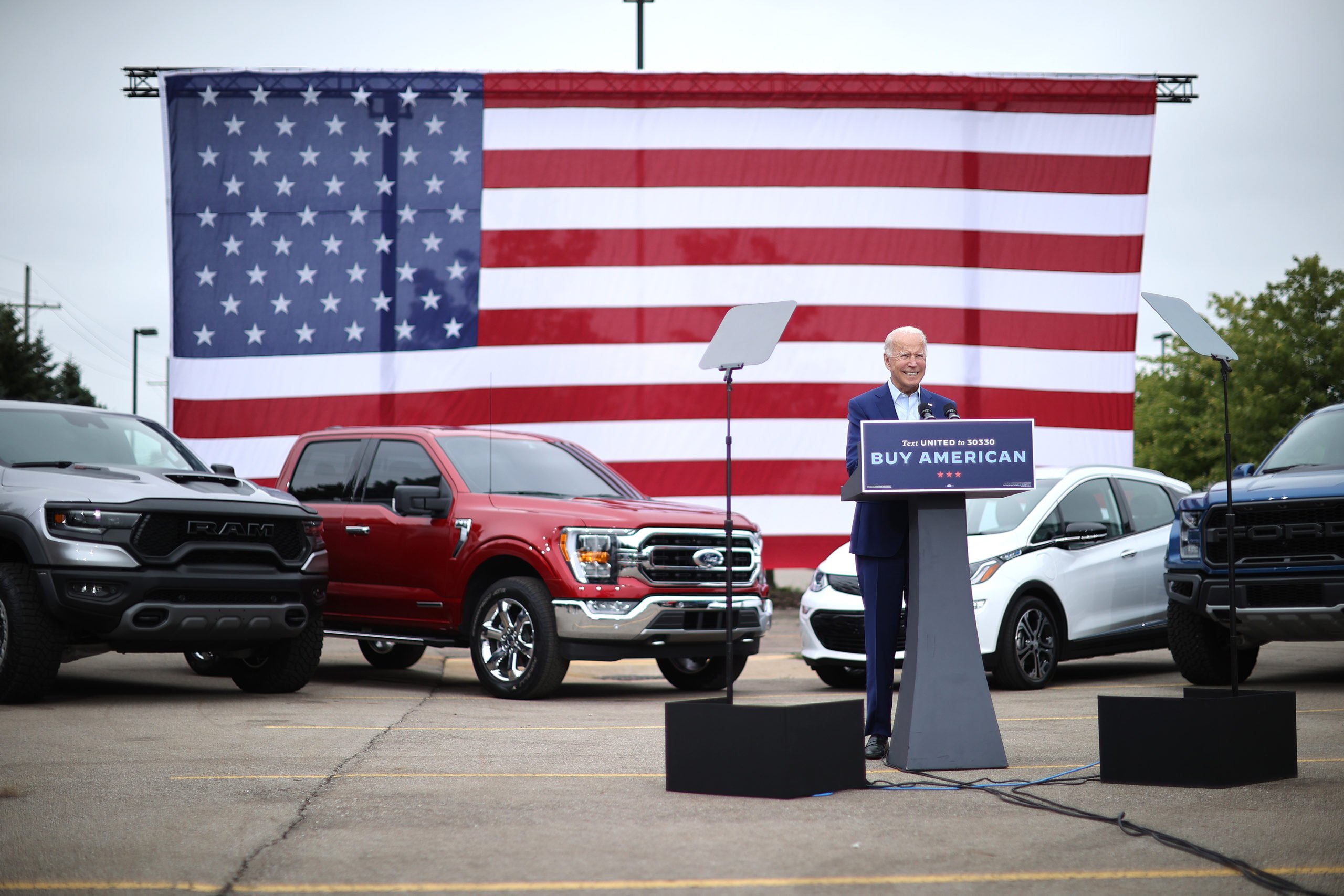 Democratic presidential nominee and former Vice President Joe Biden delivers remarks in the parking lot outside the United Auto Workers Region 1 offices on September 09, 2020 in Warren, Michigan. (Chip Somodevilla/Getty Images)