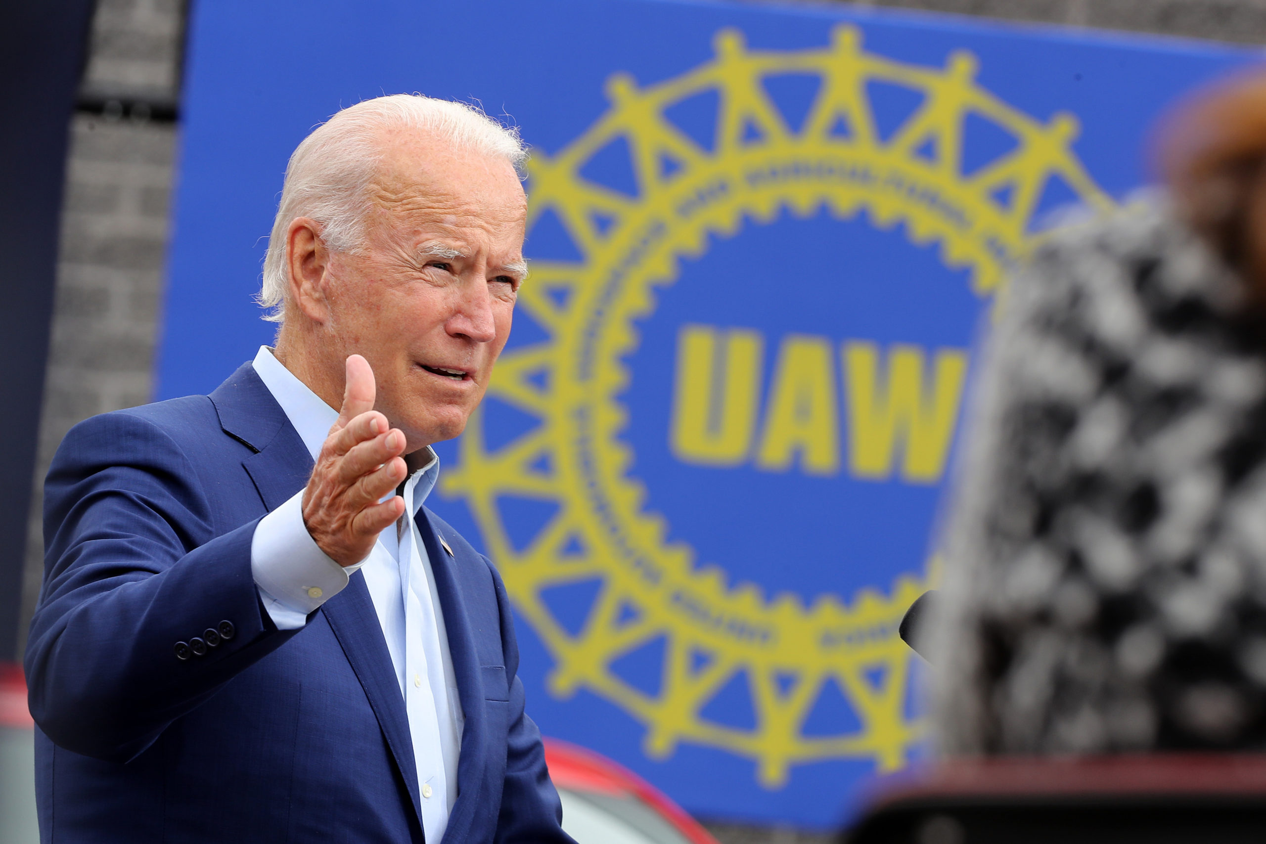 Democratic presidential nominee and former Vice President Joe Biden delivers remarks in the parking lot outside the United Auto Workers Region 1 offices on September 09, 2020 in Warren, Michigan. (Chip Somodevilla/Getty Images)