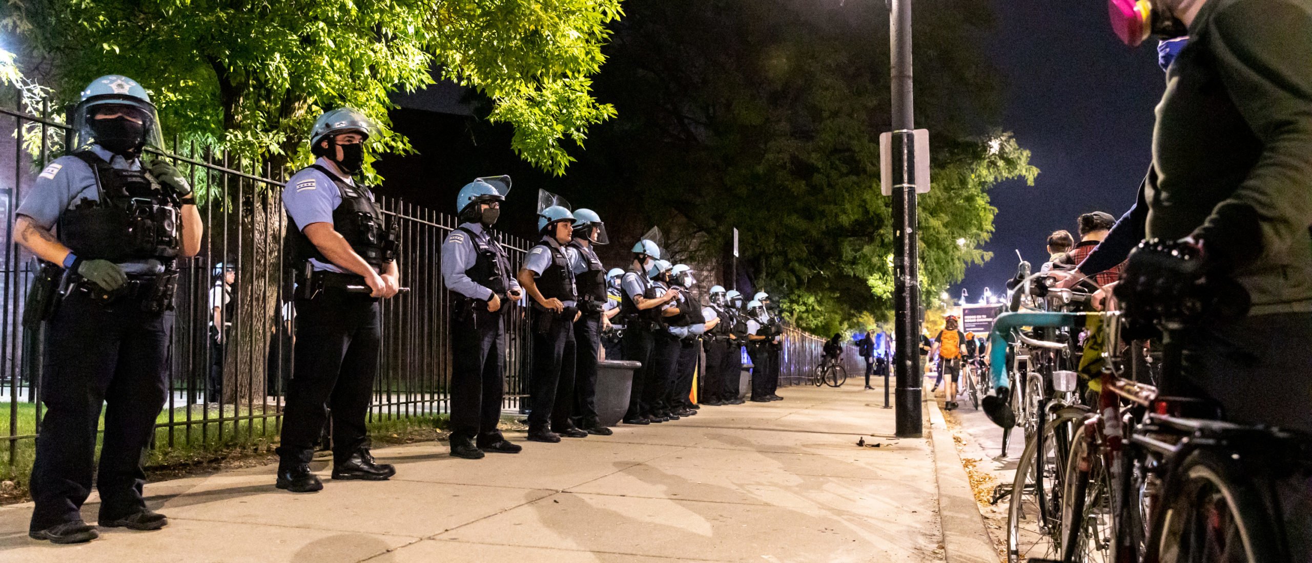 Chicago Police lined the sidewalks during a demonstration on September 23, 2020 in Chicago, Illinois. Across the country, protesters have taken to the streets after the grand jury’s decision to only charge one Louisville Metro Police officer in the raid in which Taylor was killed. Officer Brett Hankison, who was fired in June, was charged three counts of wanton endangerment for shooting into neighboring apartments. Bond was set at $15,000 for Hankison. Taylor, a 26-year-old emergency medical technician, was killed in her home during a no-knock raid on March 13, 2020. (Photo by Natasha Moustache/Getty Images)
