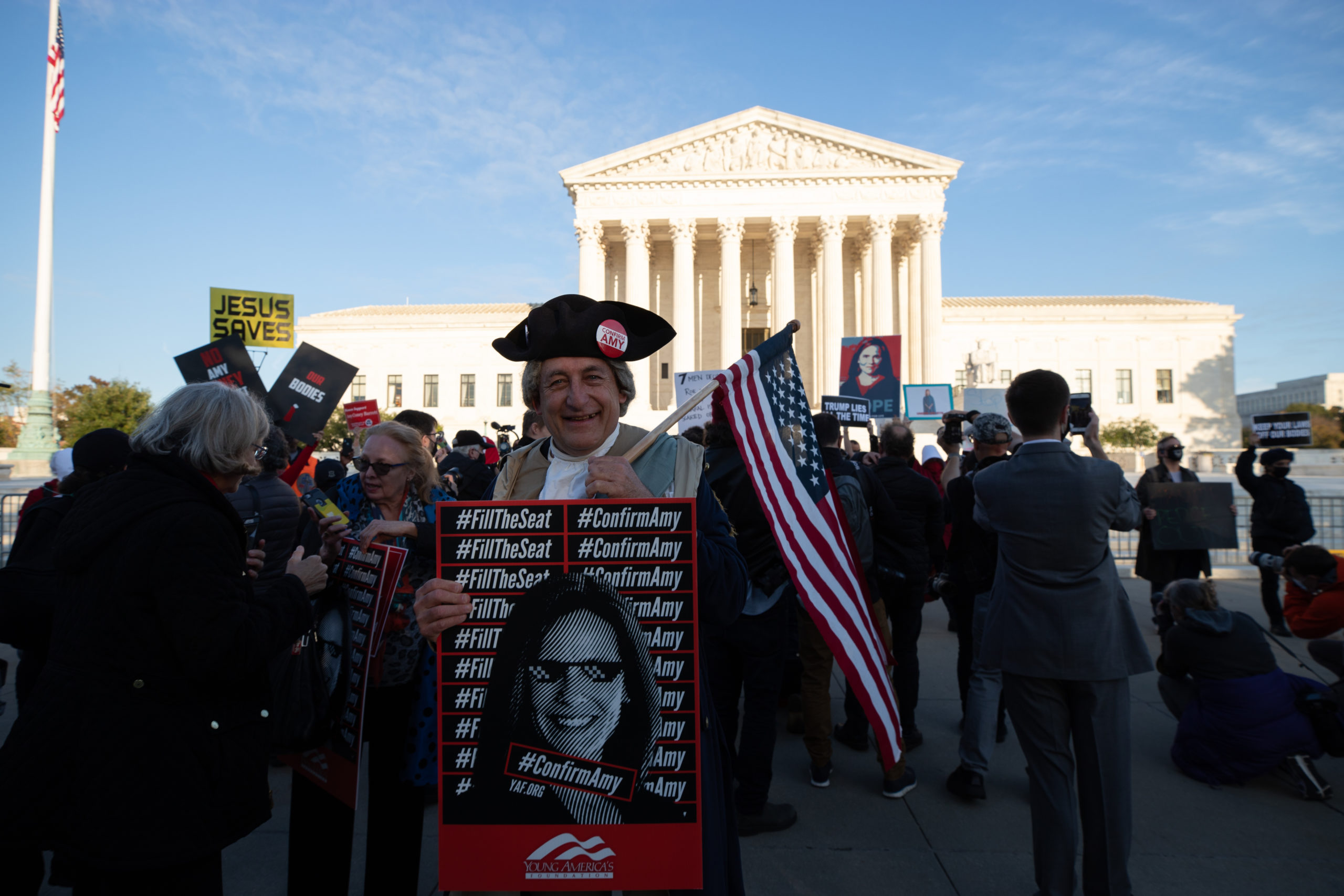 A man dressed as a "founding father" outside the Supreme Court ahead of the Senate vote to confirm Amy Coney Barrett in Washington, D.C. on October 26, 2020. (Kaylee Greenlee - Daily Caller News Foundation)