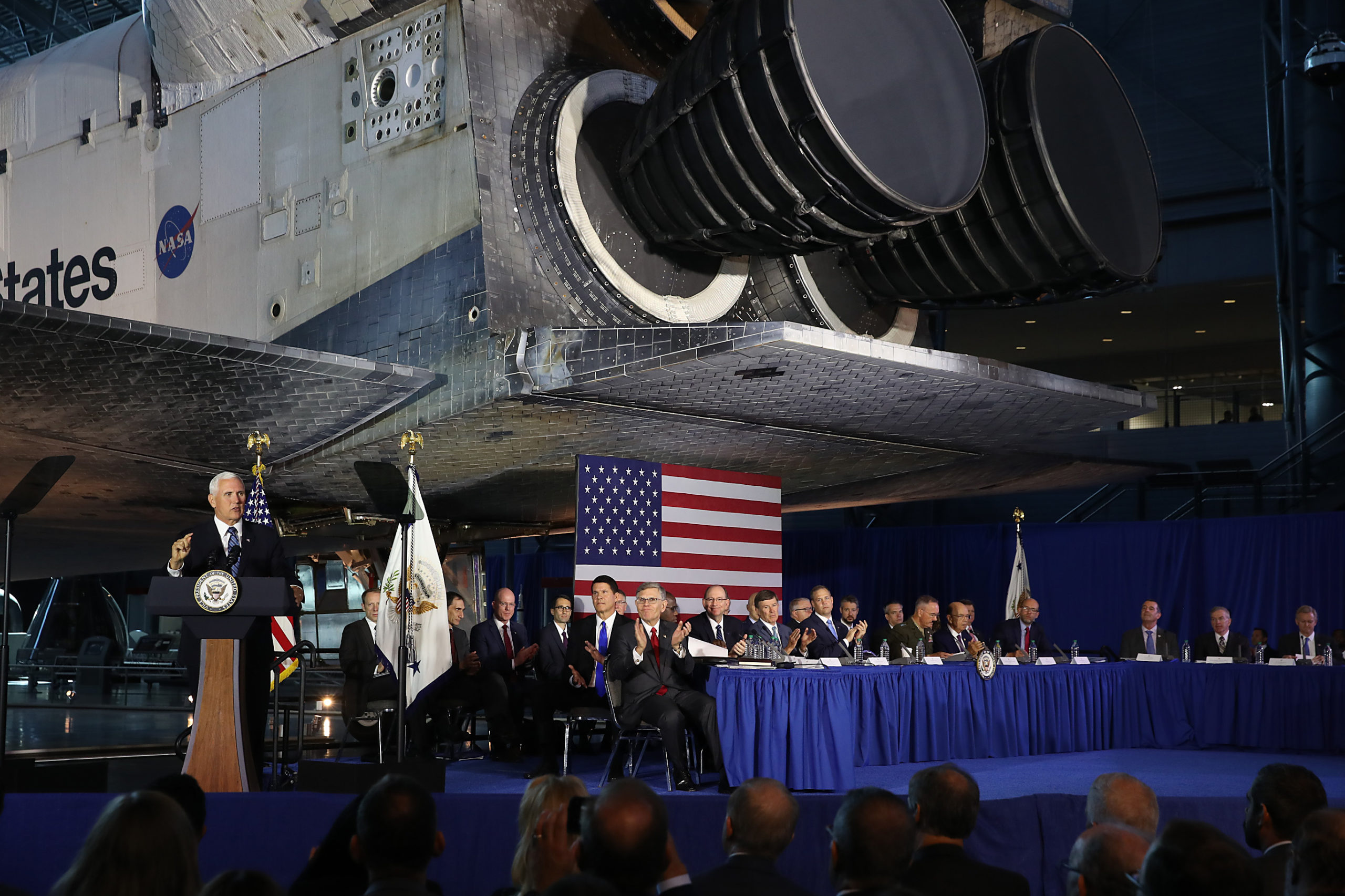 CHANTILLY, VIRGINIA - AUGUST 20: The Space Shuttle Discovery is the back drop as U.S. Vice President Mike Pence speaks during the 6th meeting of the National Space Council on "Leading the Next Frontier" at the National Air and Space Museum, Steven F. Udvar-Hazy Center, August 20, 2019 in Chantilly, Virginia. Originally established in 1958, this is the 6th meeting of the newly reestablished council in 20 years. (Photo by Mark Wilson/Getty Images)
