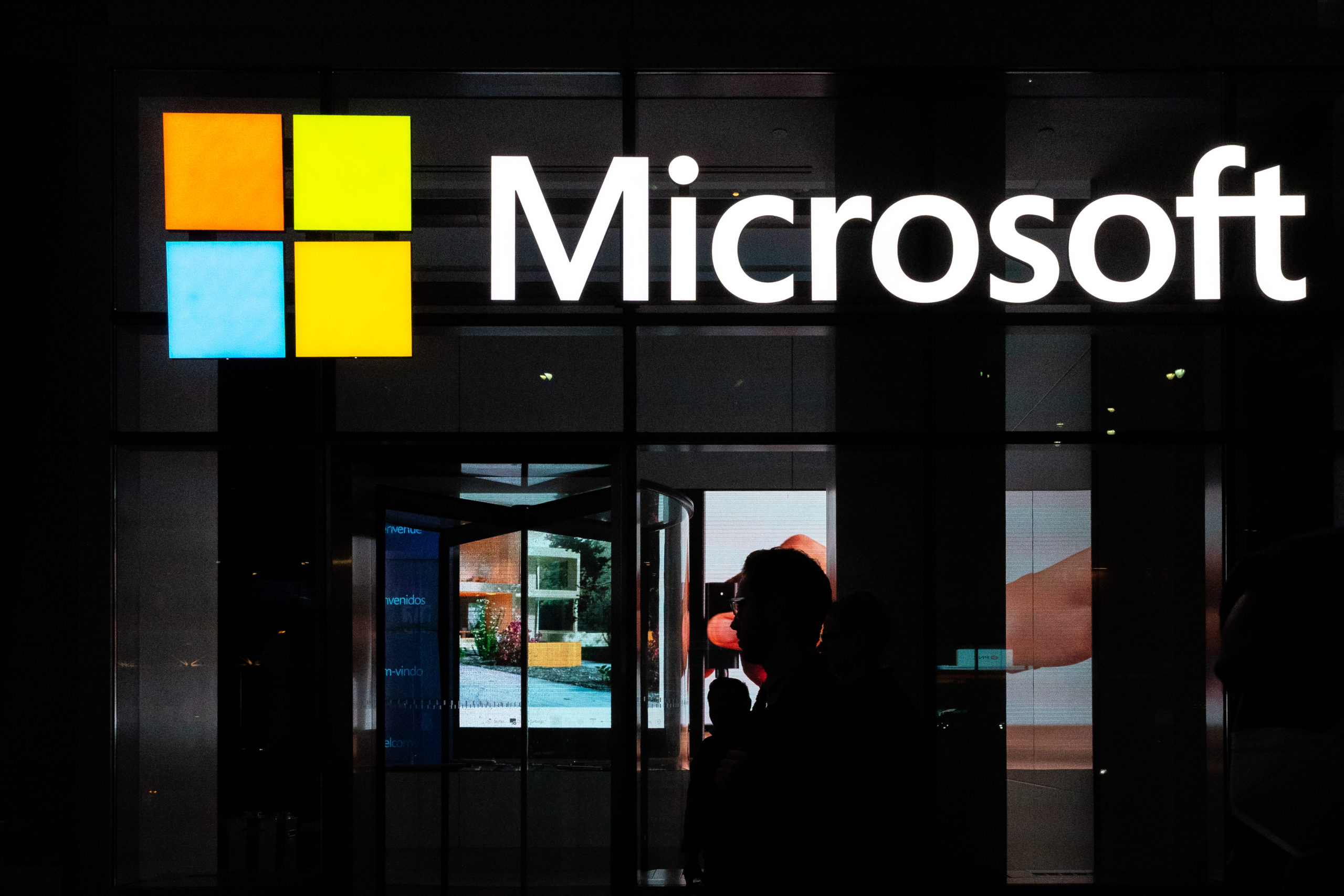 NEW YORK, NY - MARCH 13: A signage of Microsoft is seen on March 13, 2020 in New York City. Co-founder and former CEO of Microsoft Bill Gates steps down from Microsoft board to spend more time on the Bill and Melinda Gates Foundation. (Photo by Jeenah Moon/Getty Images)