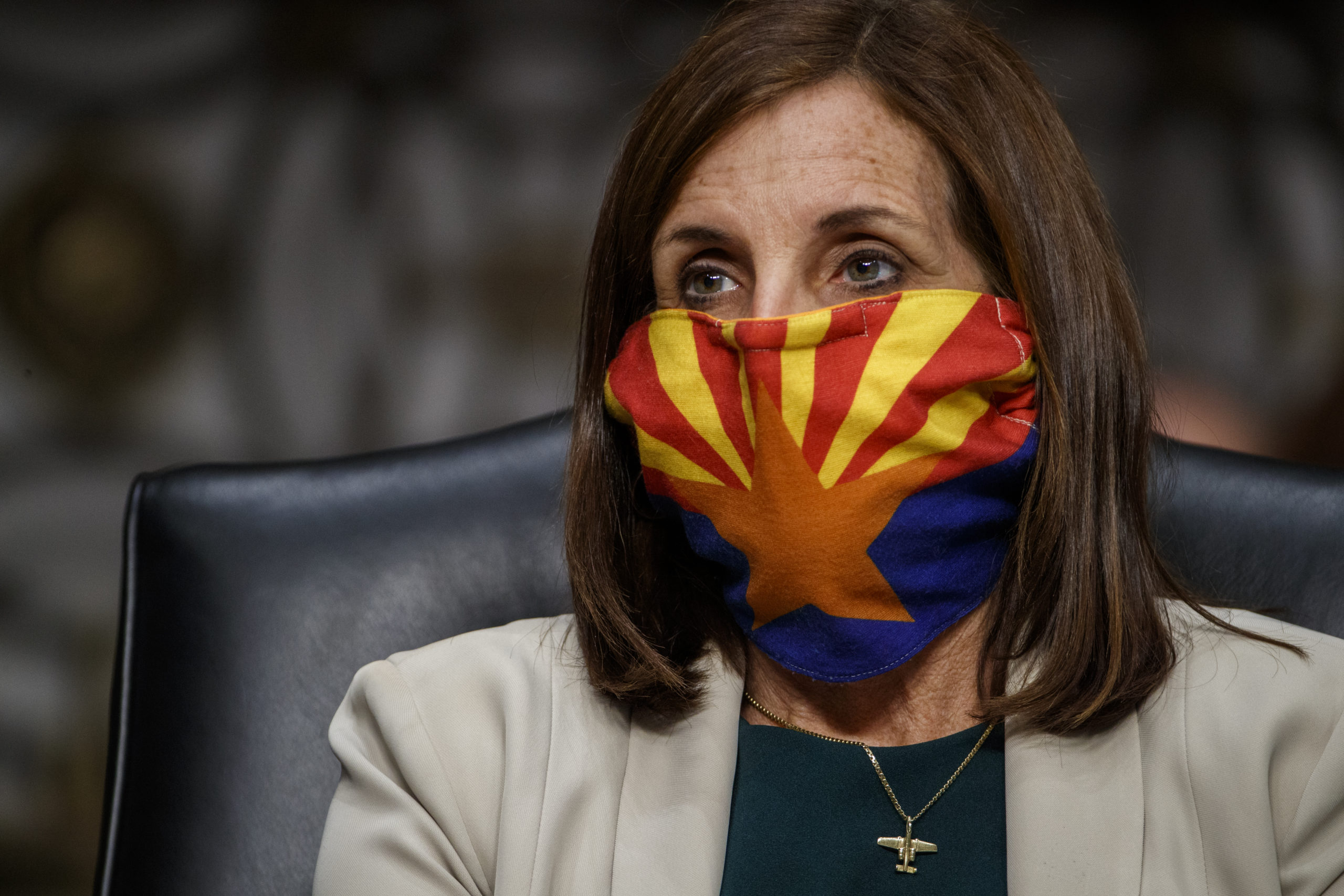 WASHINGTON, DC - MAY 06: Sen. from Arizona Martha McSally (R-AZ) wears a mask depicting the Arizona state flag as she listens to testimony during the Senate Armed Services Committee hearing on the Department of Defense Spectrum Policy and the Impact of the Federal Communications Commissions Ligado Decision on National Security during the COVID-19 coronavirus pandemic on Capitol Hill on May 6, 2020 in Washington, DC. (Photo by Shawn Thew - Pool/Getty Images)