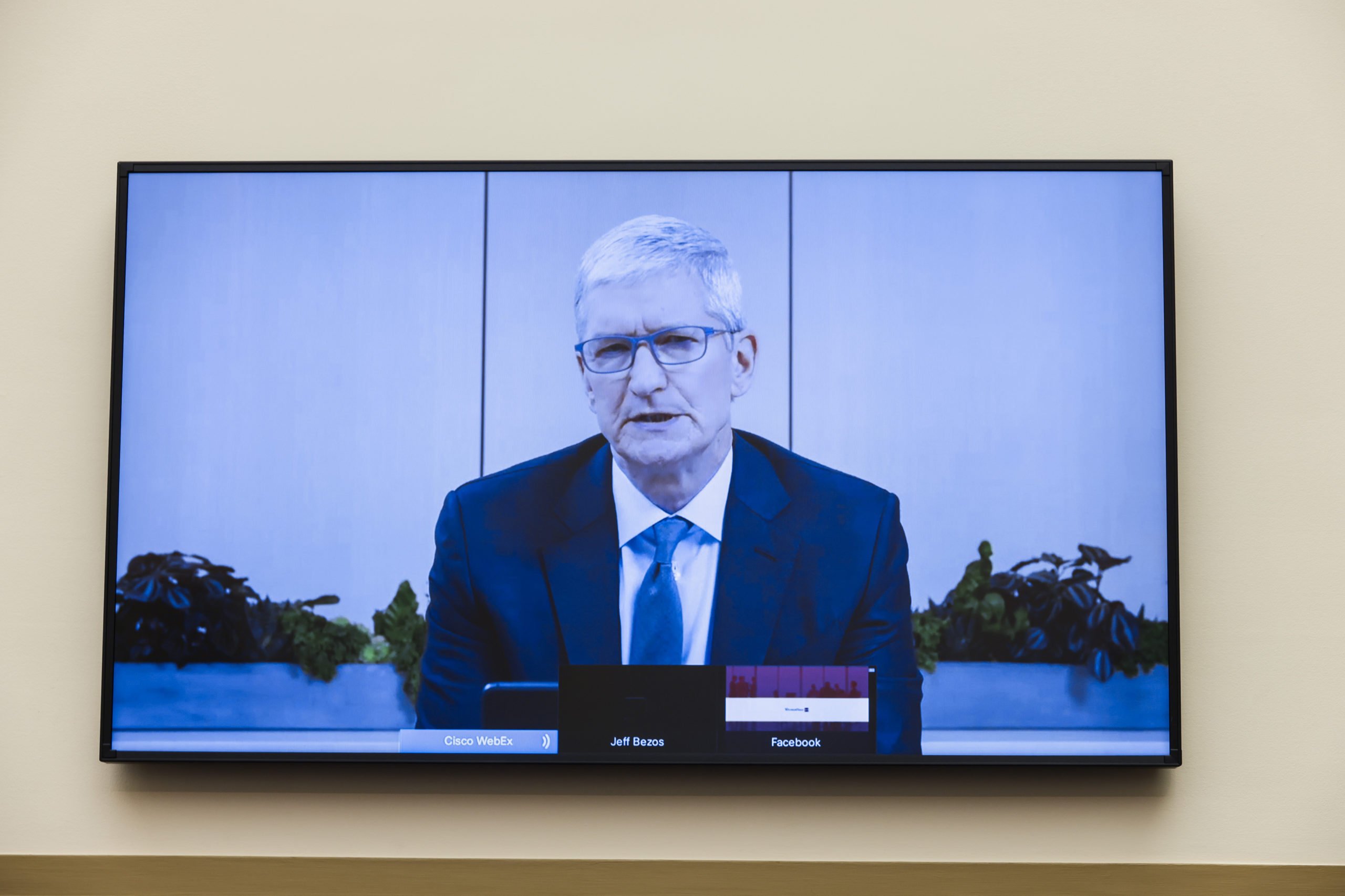 Apple CEO Tim Cook speaks via video conference during the House Judiciary Subcommittee on Antitrust, Commercial and Administrative Law hearing on Online Platforms and Market Power on July 29 in Washington, D.C. (Graeme Jennings-Pool/Getty Images)