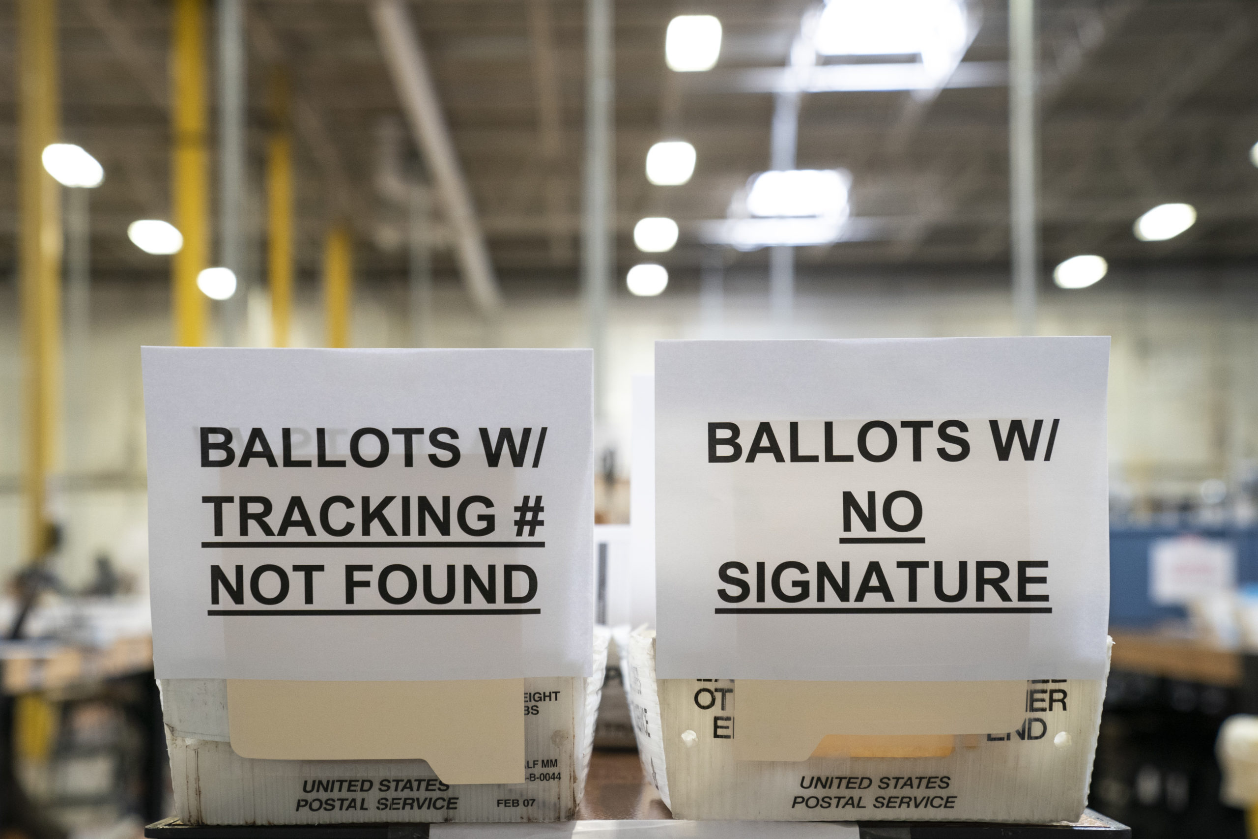 GLEN BURNIE, MD - OCTOBER 07: Signage for ballots with errors is seen in a warehouse at the Anne Arundel County Board of Elections headquarters on October 7, 2020 in Glen Burnie, Maryland. (Photo by Drew Angerer/Getty Images)