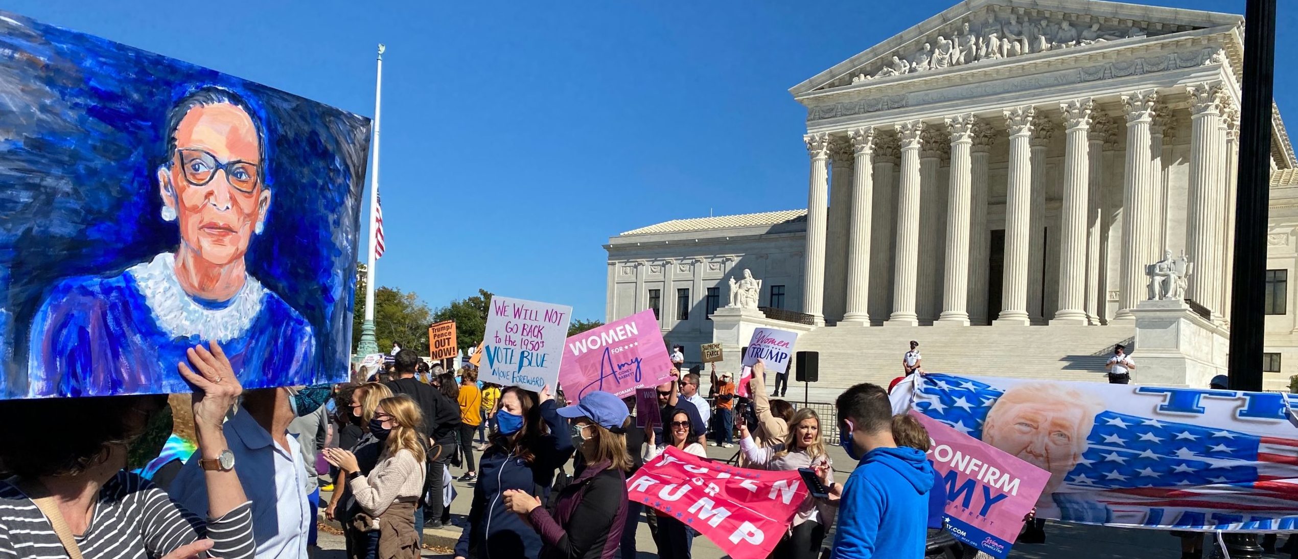Demonstrators march past the Supreme Court in the nationwide Women's March on October 17, 2020, in Washington, DC. (Photo by Daniel SLIM / AFP) (Photo by DANIEL SLIM/AFP via Getty Images)