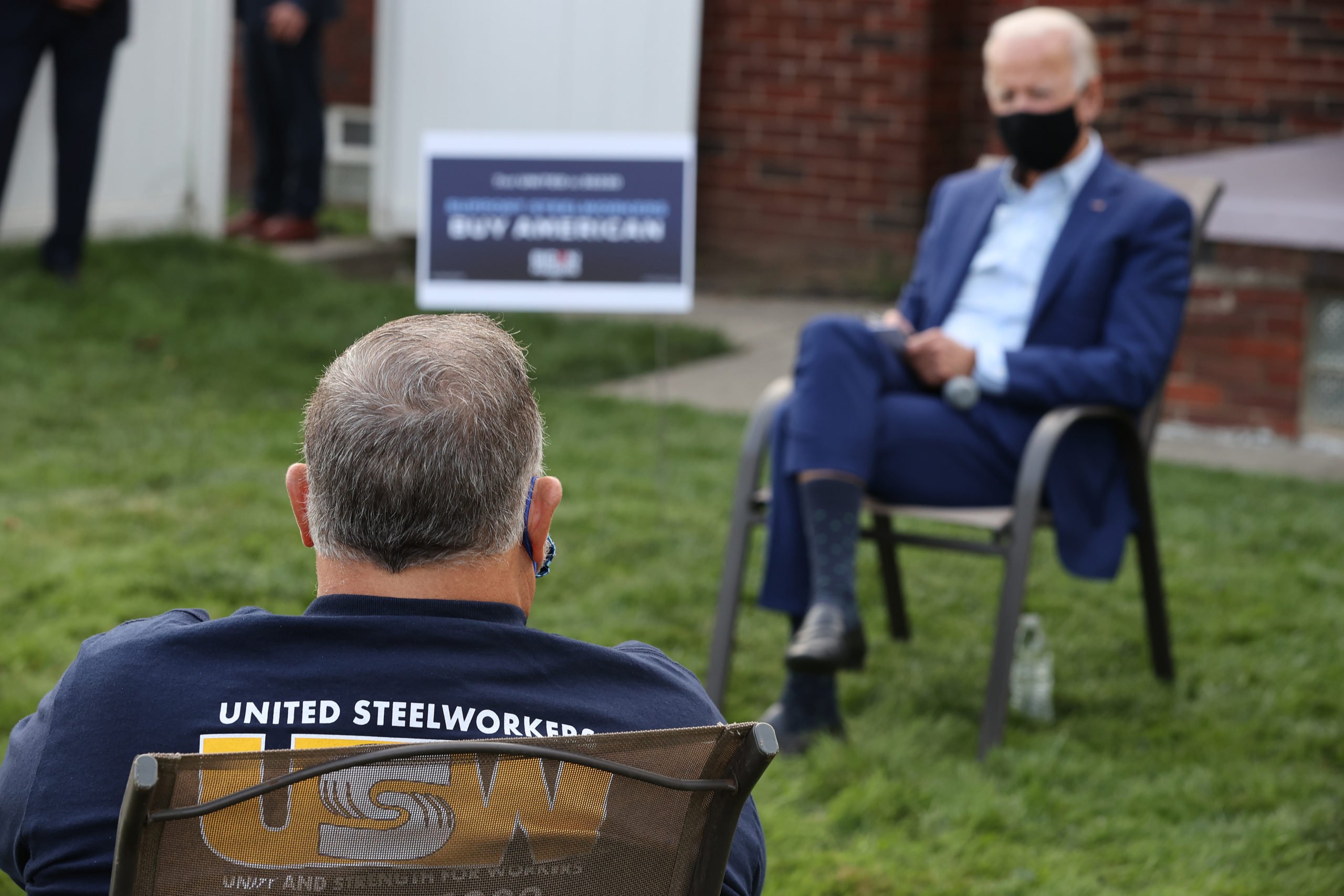 Democratic presidential nominee Joe Biden talks with members of the United Steelworkers union on Sept. 9 in Detroit, Michigan. (Chip Somodevilla/Getty Images)