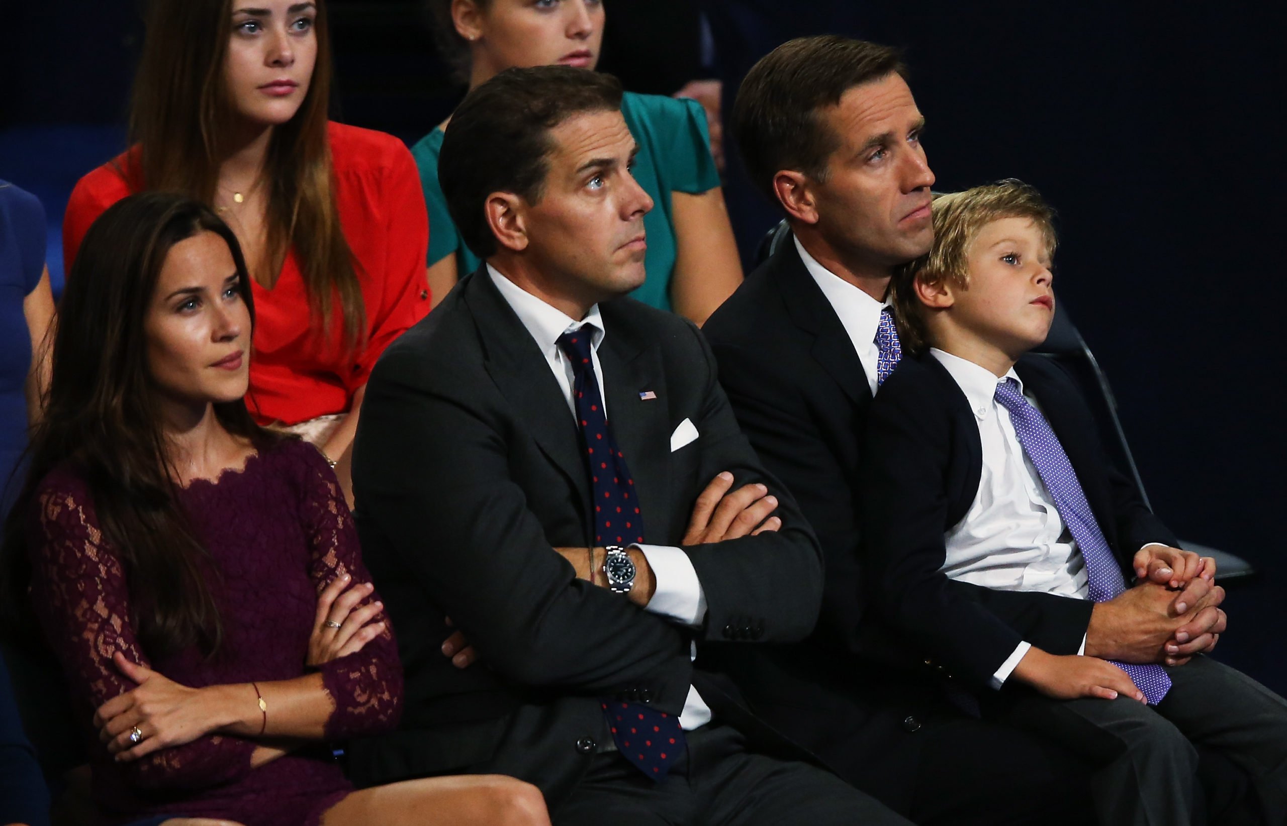 CHARLOTTE, NC - SEPTEMBER 06: (R-L) Attorney General of Delaware Beau Biden, Hunter Biden, and Ashley Biden, watch their father Democratic vice presidential candidate, U.S. Vice President Joe Biden speaks on stage during the final day of the Democratic National Convention at Time Warner Cable Arena on September 6, 2012 in Charlotte, North Carolina. The DNC, which concludes today, nominated U.S. President Barack Obama as the Democratic presidential candidate. (Photo by Streeter Lecka/Getty Images)