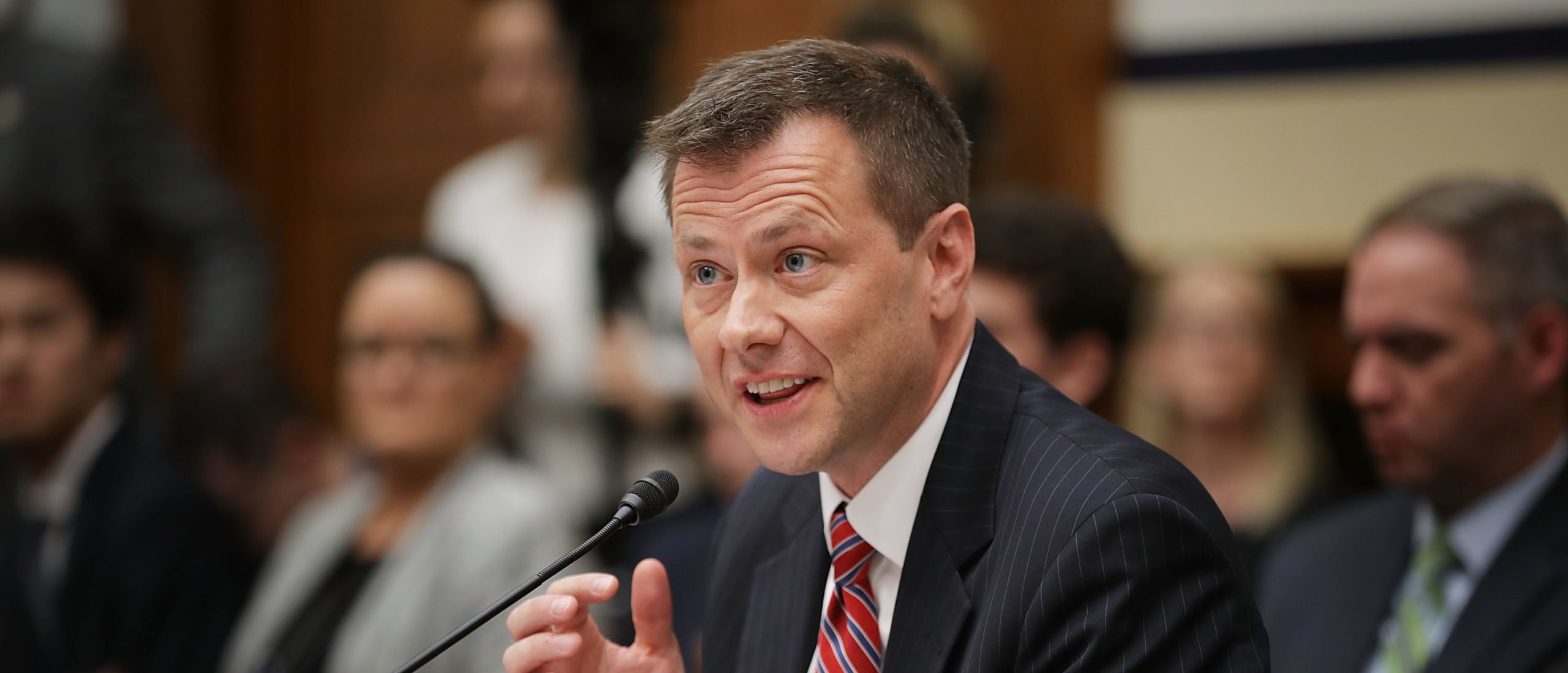 Deputy Assistant FBI Director Peter Strzok testifies before a joint committee hearing of the House Judiciary and Oversight and Government Reform committees in the Rayburn House Office Building on Capitol Hill July 12, 2018 in Washington, DC. While involved in the probe into Hillary ClintonÕs use of a private email server in 2016, Strzok exchanged text messages with FBI attorney Lisa Page that were critical of Trump. After learning about the messages, Mueller removed Strzok from his investigation into whether the Trump campaign colluded with Russia to win the 2016 presidential election. (Photo by Chip Somodevilla/Getty Images)