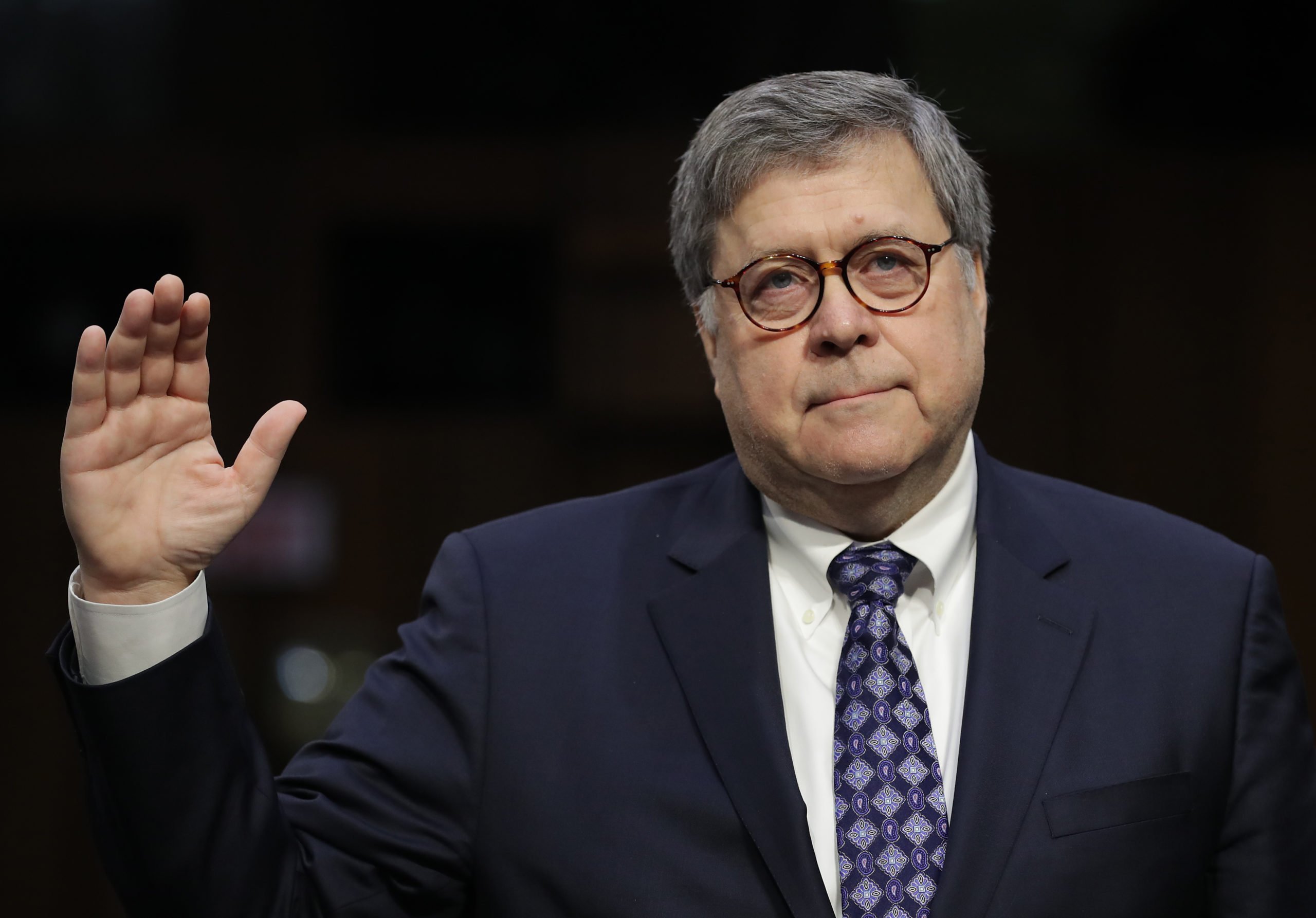 WASHINGTON, DC - JANUARY 15: U.S. Attorney General nominee William Barr (C) is sworn in prior to testifying at his confirmation hearing before the Senate Judiciary Committee January 15, 2019 in Washington, DC. Barr, who previously served as Attorney General under President George H. W. Bush, is expected to be confronted about his views on the investigation being conducted by special counsel Robert Mueller. (Photo by Chip Somodevilla/Getty Images)