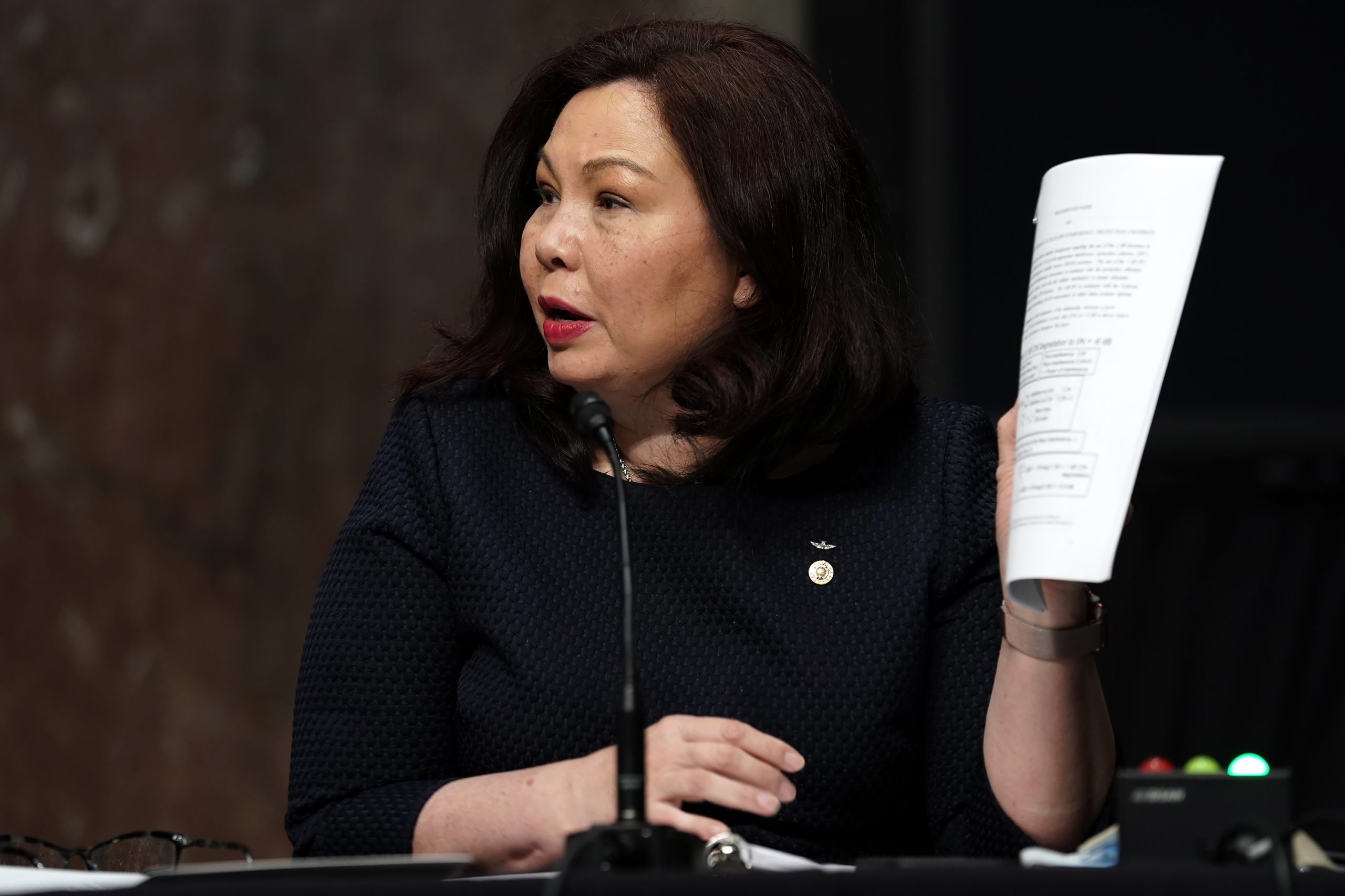 WASHINGTON, DC - MAY 06: Sen. Tammy Duckworth (D-IL) is seen during a Senate Armed Services Committee hearing to discuss the national security impact of the Federal Communications Commissions L-band spectrum approval to Ligado Networks on Capitol Hill on May 6, 2020 in Washington, DC. (Photo by Greg Nash - Pool/Getty Images)