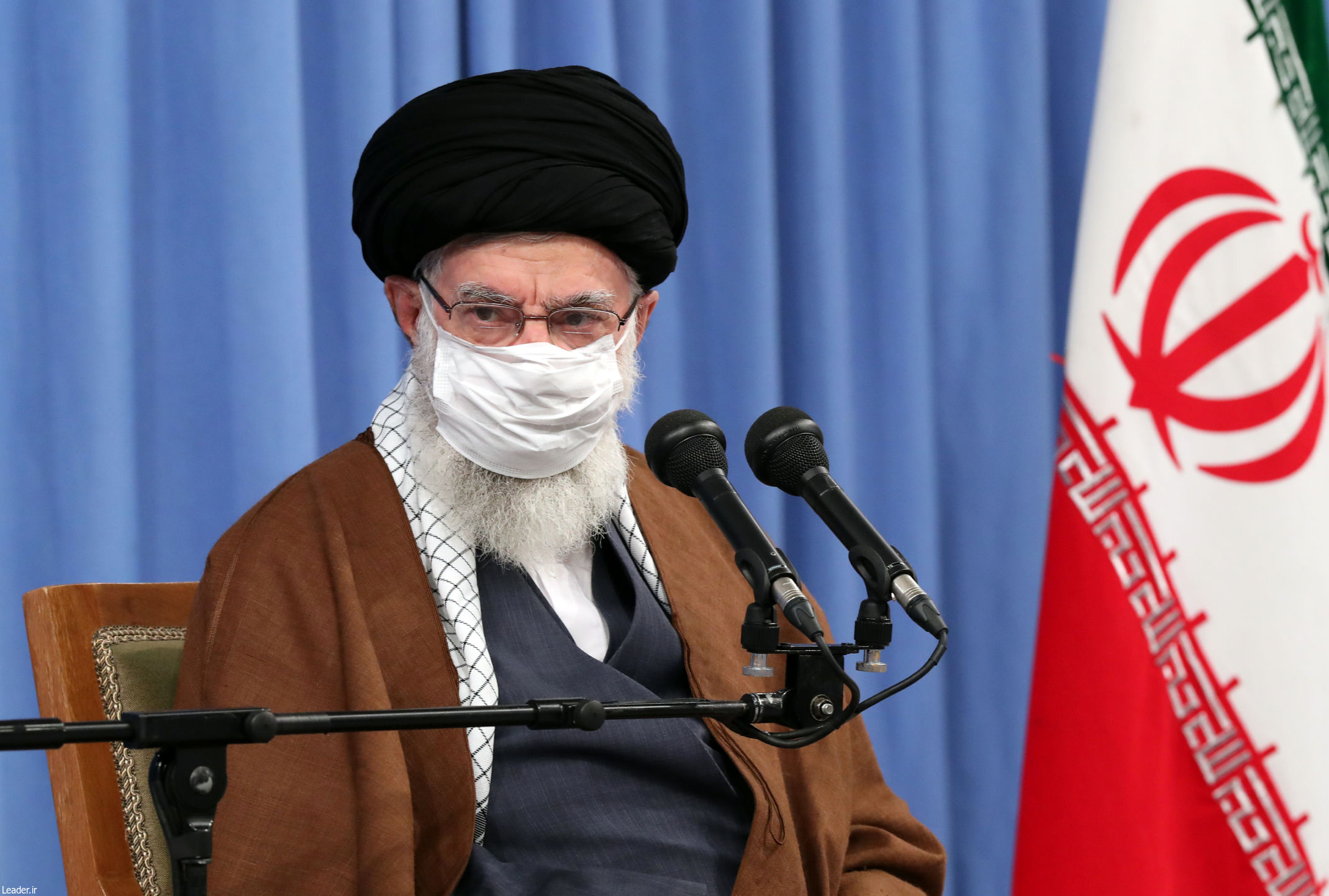 Iran Supreme Leader Ayatollah Ali Khamenei wears a protective face mask as he gives a speech in Tehran on Oct. 24. (KHAMENEI.IR/AFP via Getty Images)